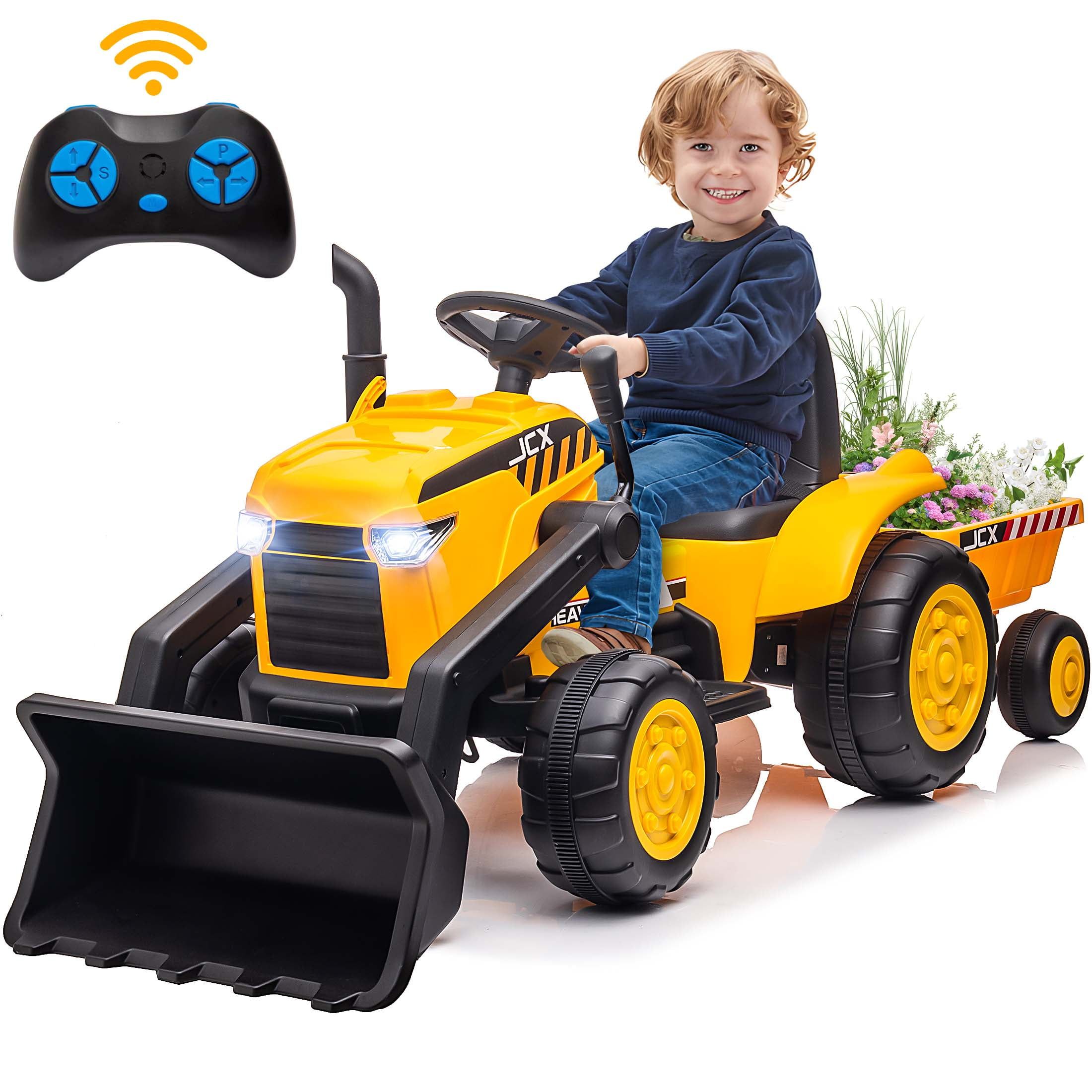 Yellow 12V Electric Ride-On Tractor with Adjustable Bucket