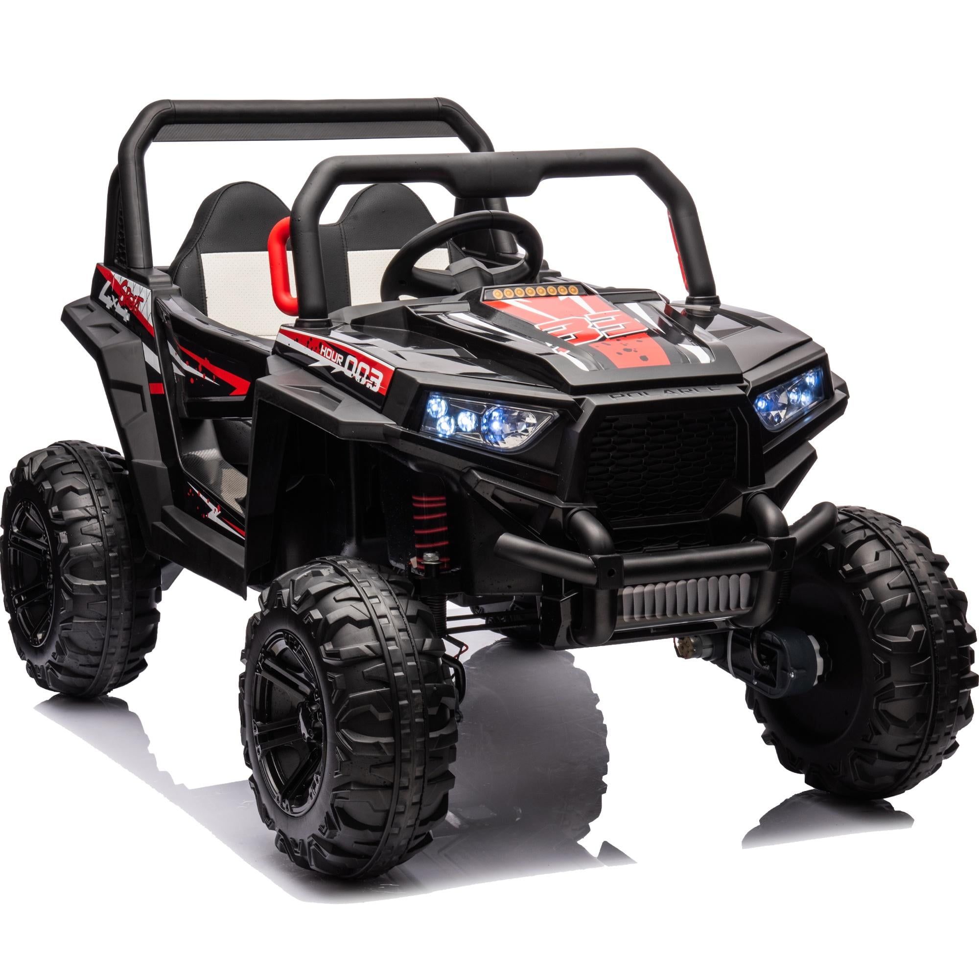 Black 12V Kids Ride-On UTV with Leather Seat and LED Lights