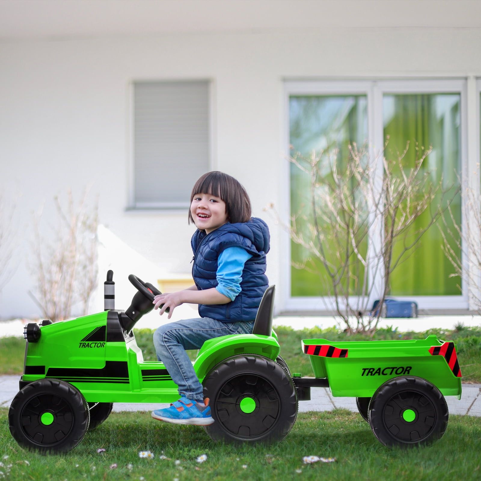 Green 12V Kids Ride-On Tractor with Trailer and Remote Control