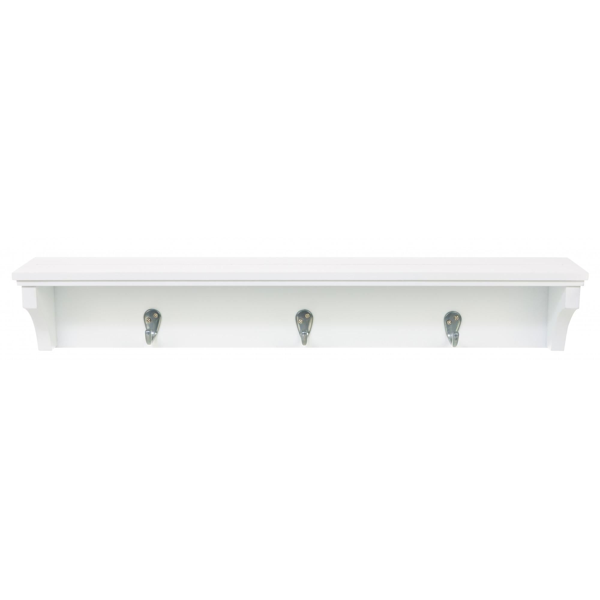 White MDF Floating Wall Shelf with Metal Hooks