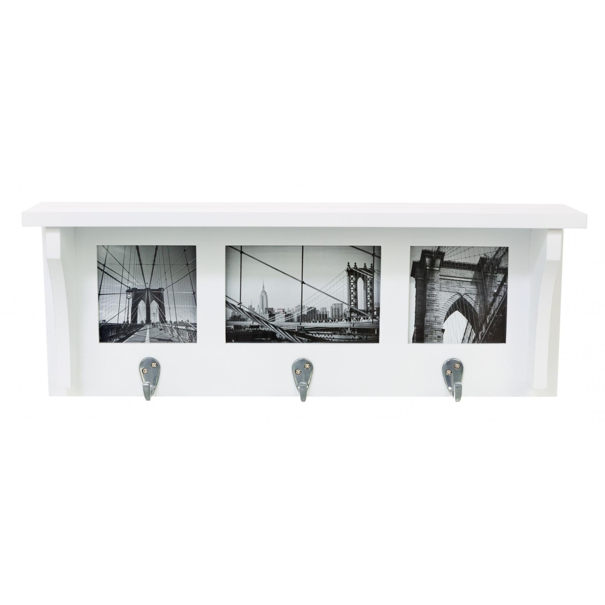 White Wooden Wall Shelf with Picture Collage and Hooks