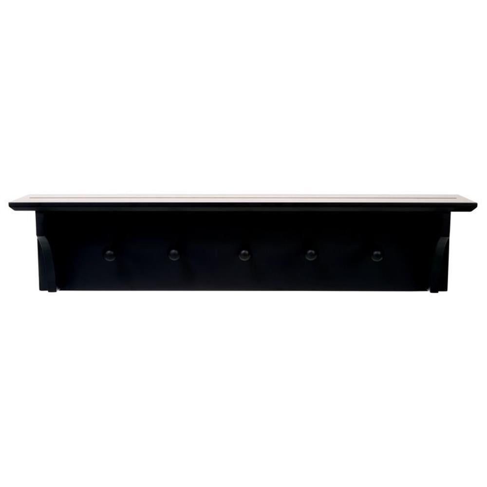 Black Asian Hardwood Wall Shelf with 5 Pegs