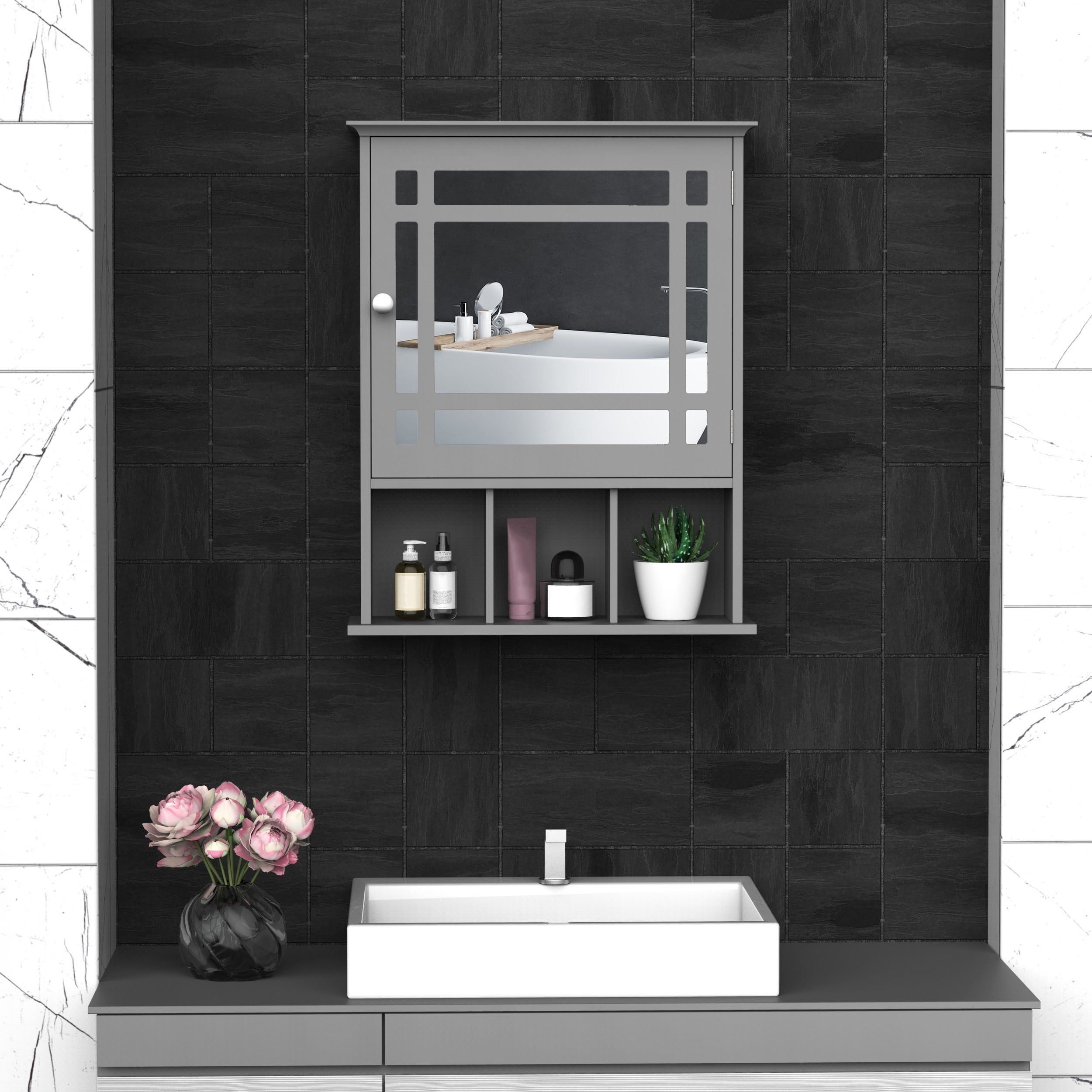 Gray Engineered Wood Wall Mounted Bathroom Medicine Cabinet with Mirror and Shelves