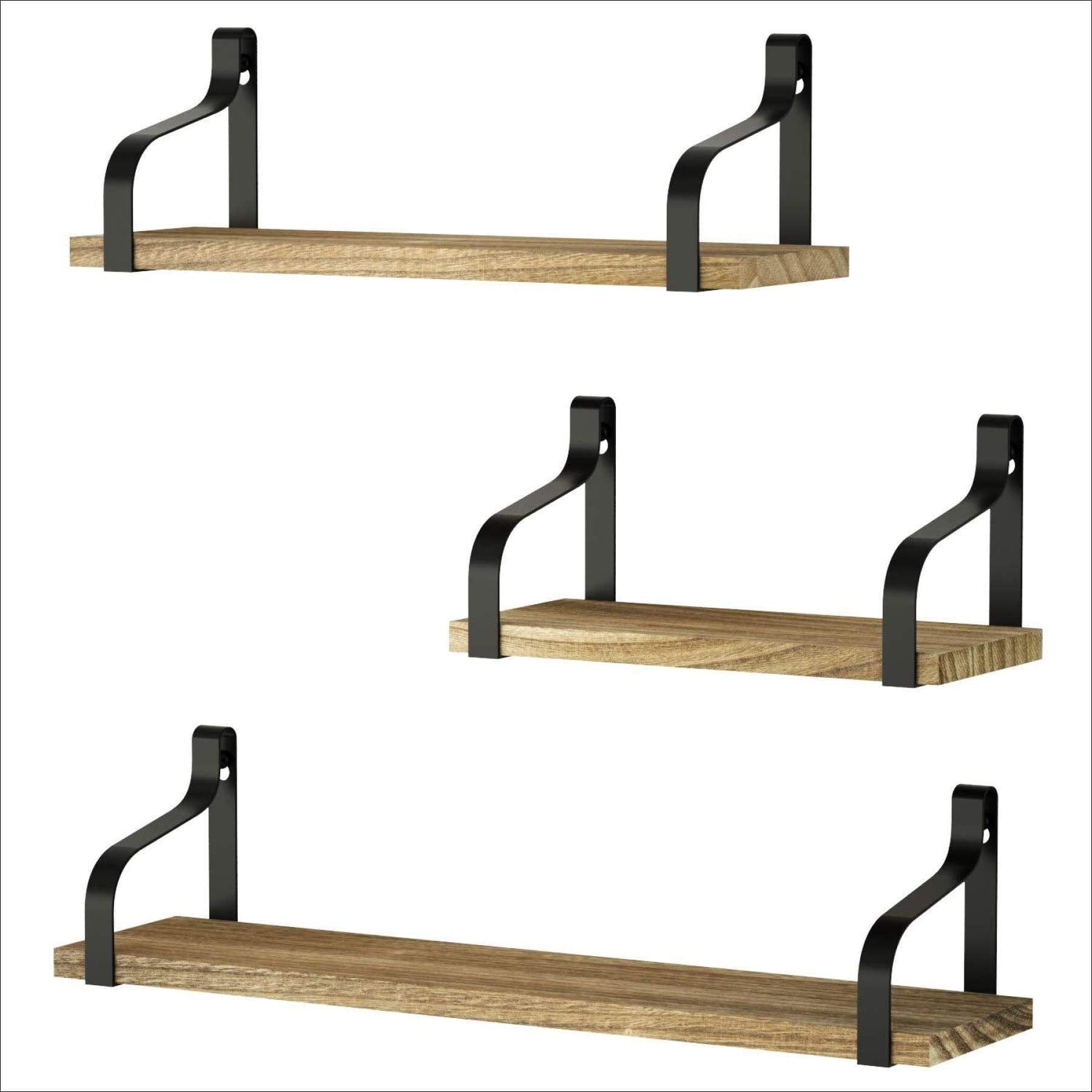 Rustic Black Metal and Wood Floating Wall Shelves Set of 3