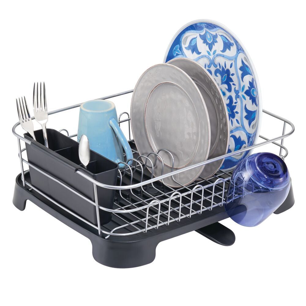 Silver and Black Metal Dish Drying Rack with Utensil Cup