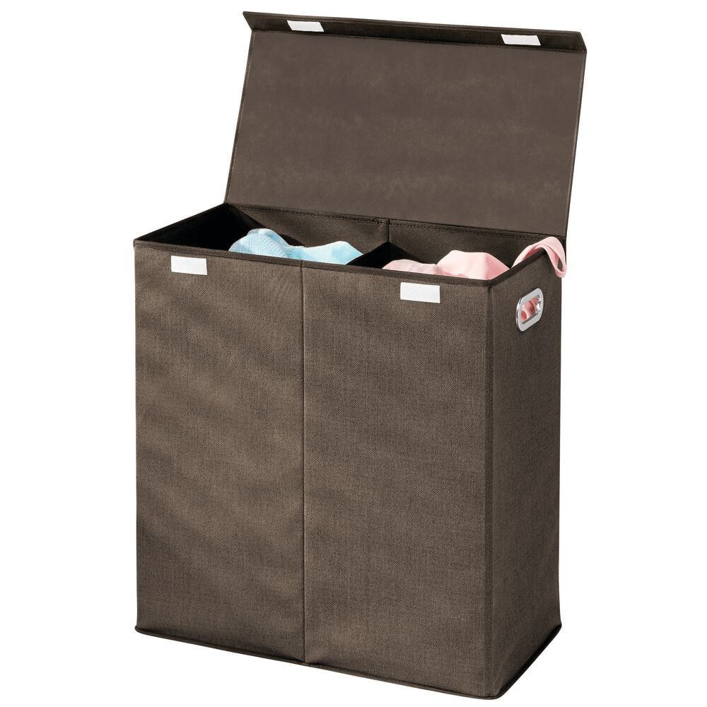 Espresso Brown Collapsible Double Laundry Hamper with Lid and Wheels