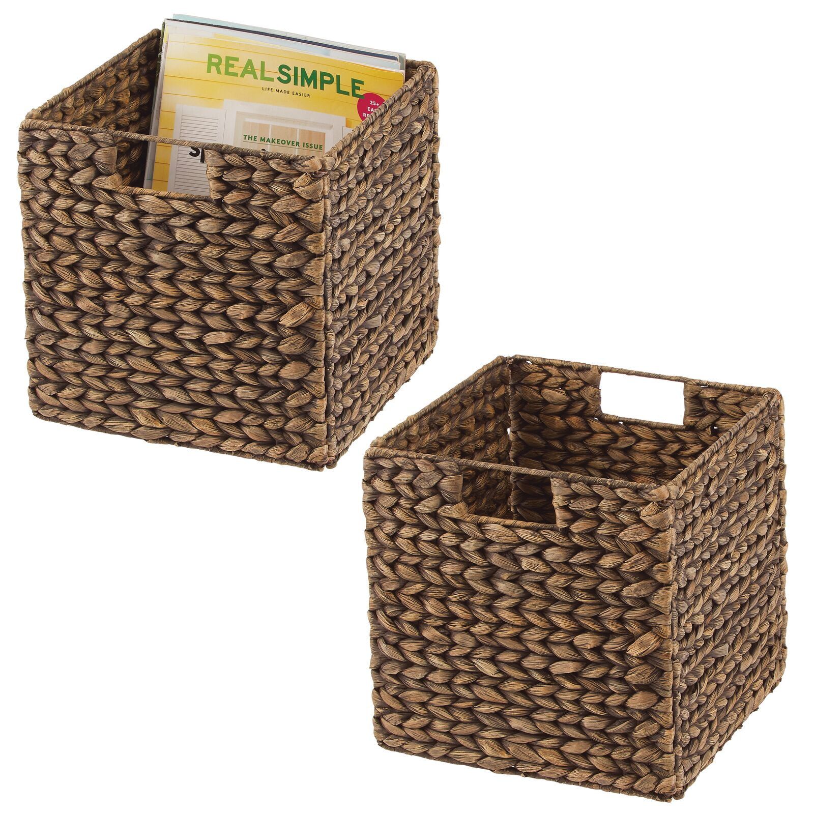 Brown Woven Hyacinth Cube Storage Basket with Handles, 2 Pack