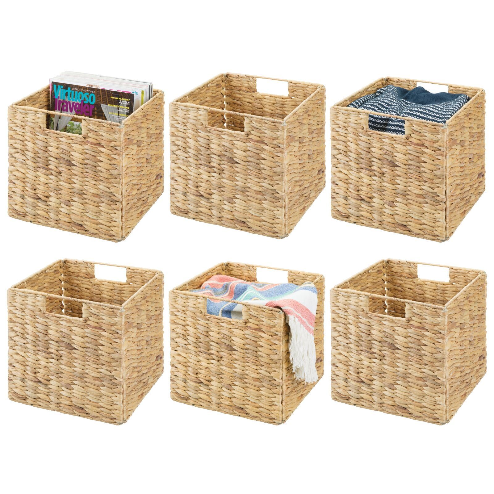 Natural Seagrass Woven Cube Storage Bins with Handles, Set of 6