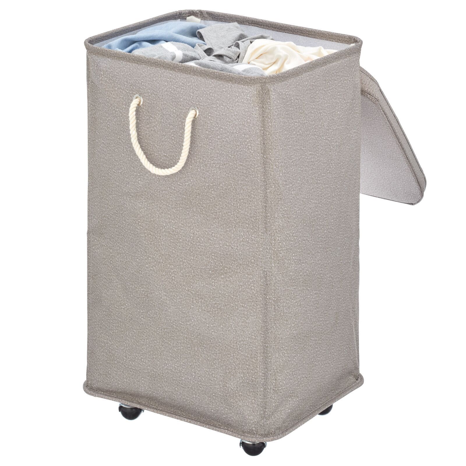 Taupe Polyester Collapsible Rolling Laundry Hamper with Lid and Wheels