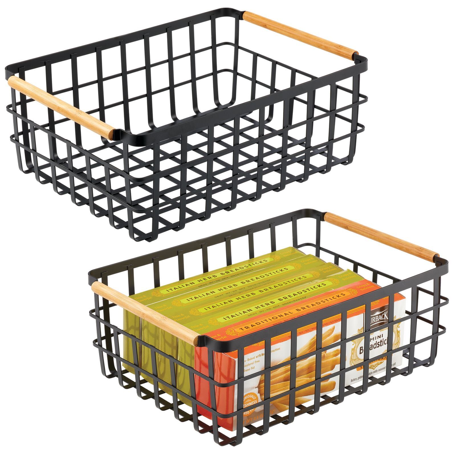 Black Metal Wire Storage Baskets with Bamboo Handles, Set of 2