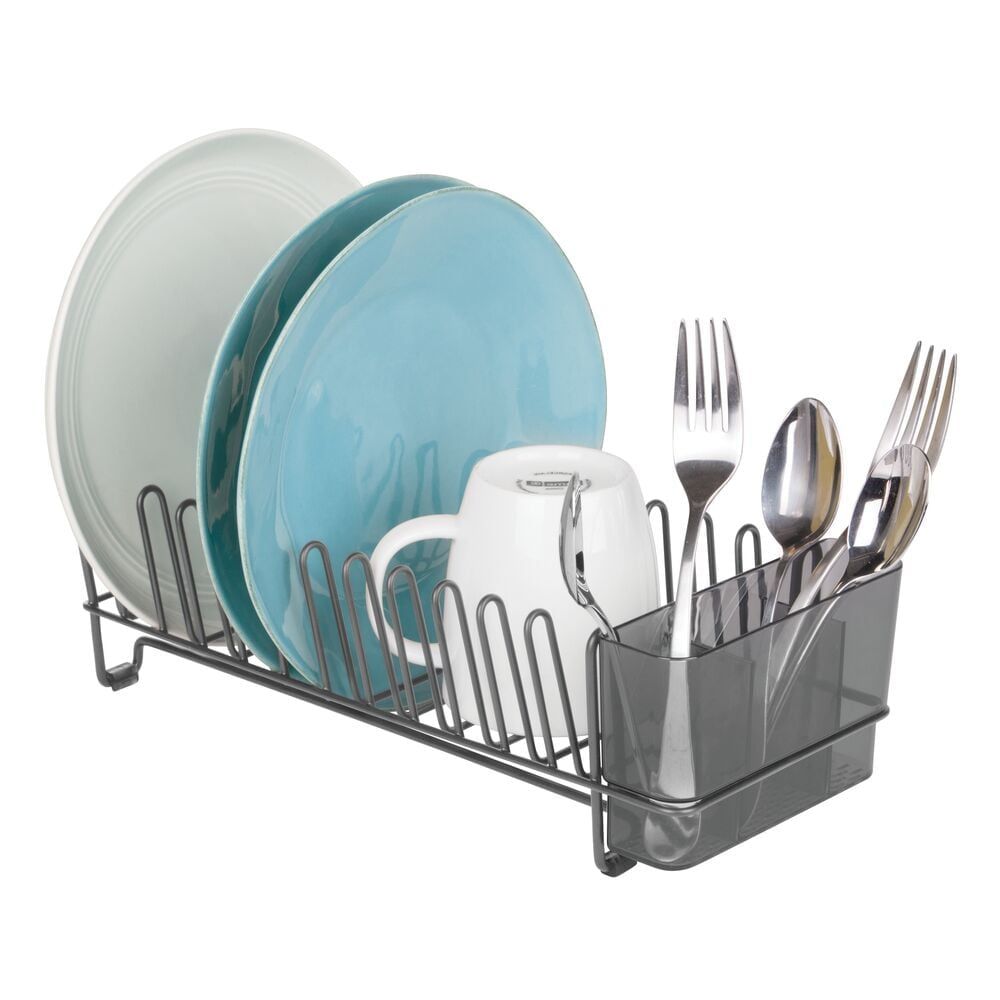 Graphite Gray Steel Compact Dish Drying Rack with Utensil Cup