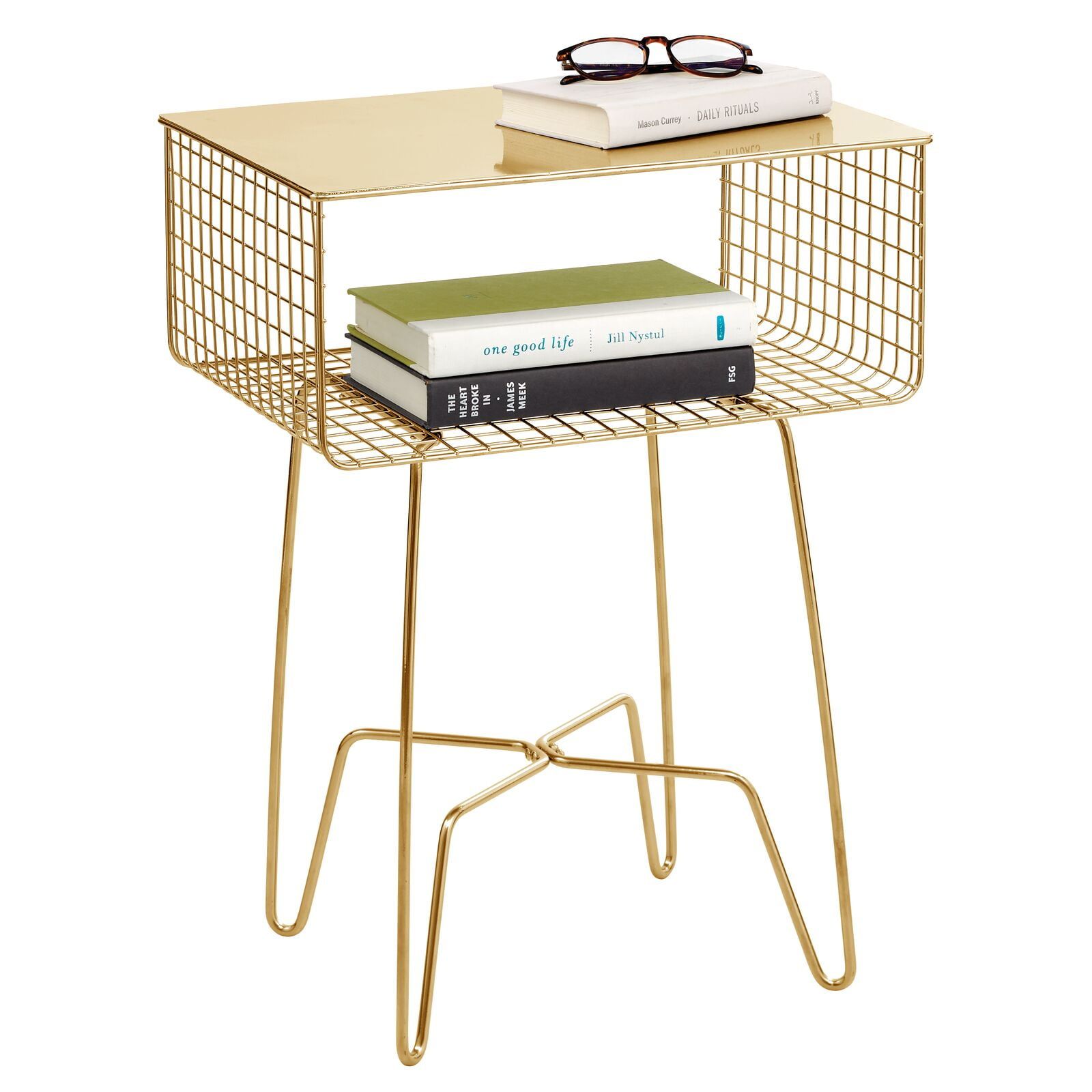 Soft Brass Metal Side Table with Storage Shelf - Rectangular Design