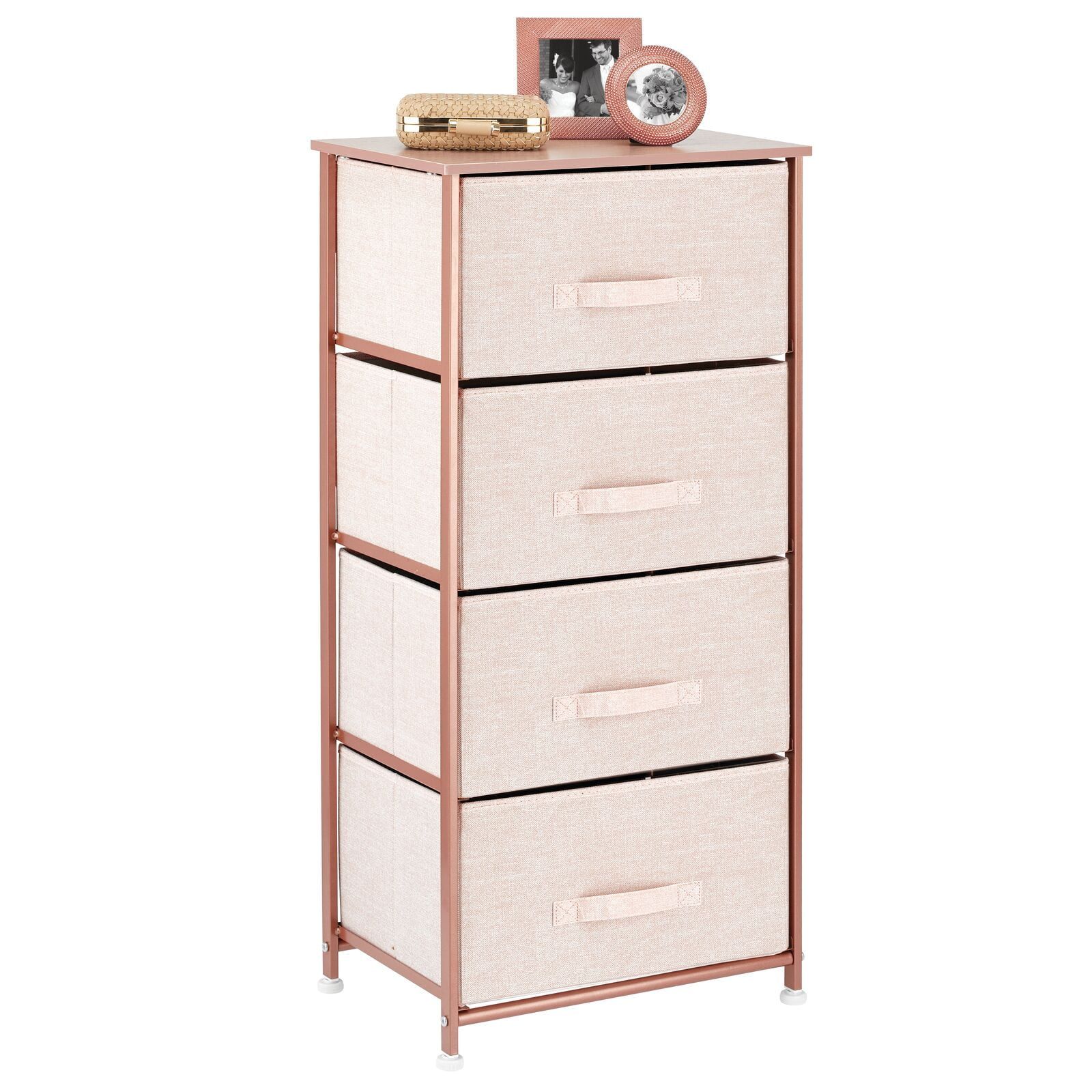 Light Pink and Rose Gold Tall Fabric Dresser with 4 Drawers