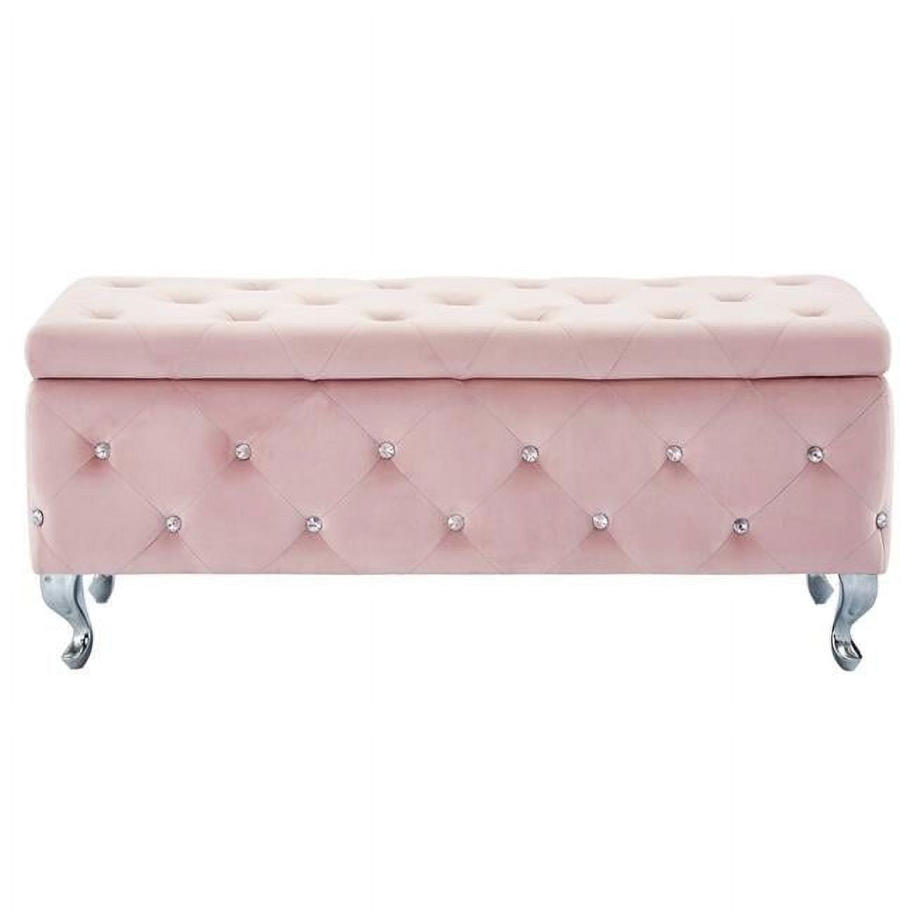 Blush Pink Velvet Tufted Storage Ottoman with Chrome Cabriole Legs