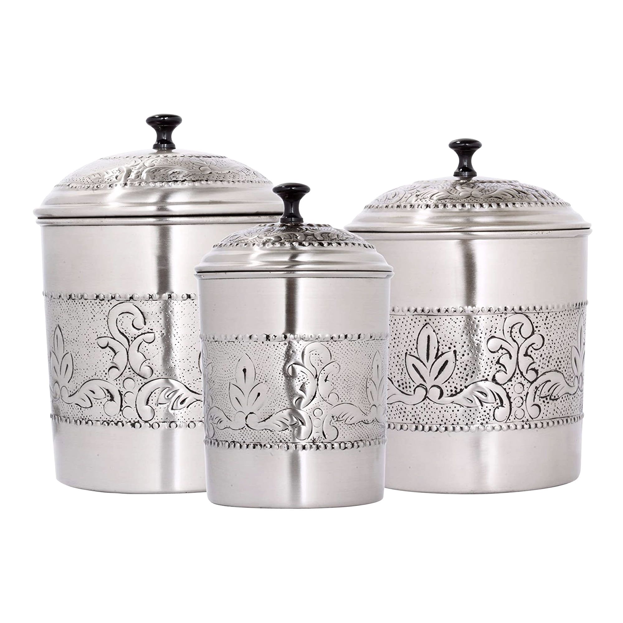 Antique Pewter Embossed Stainless Steel 3-Piece Canister Set