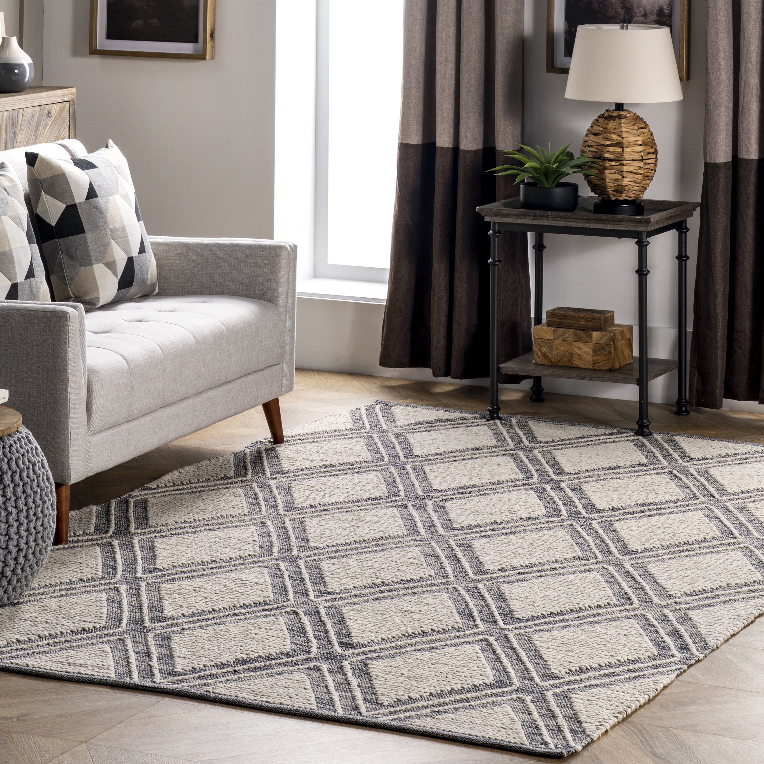 Handmade Rectangular Ivory and Gray Cotton Area Rug, 5' x 8'