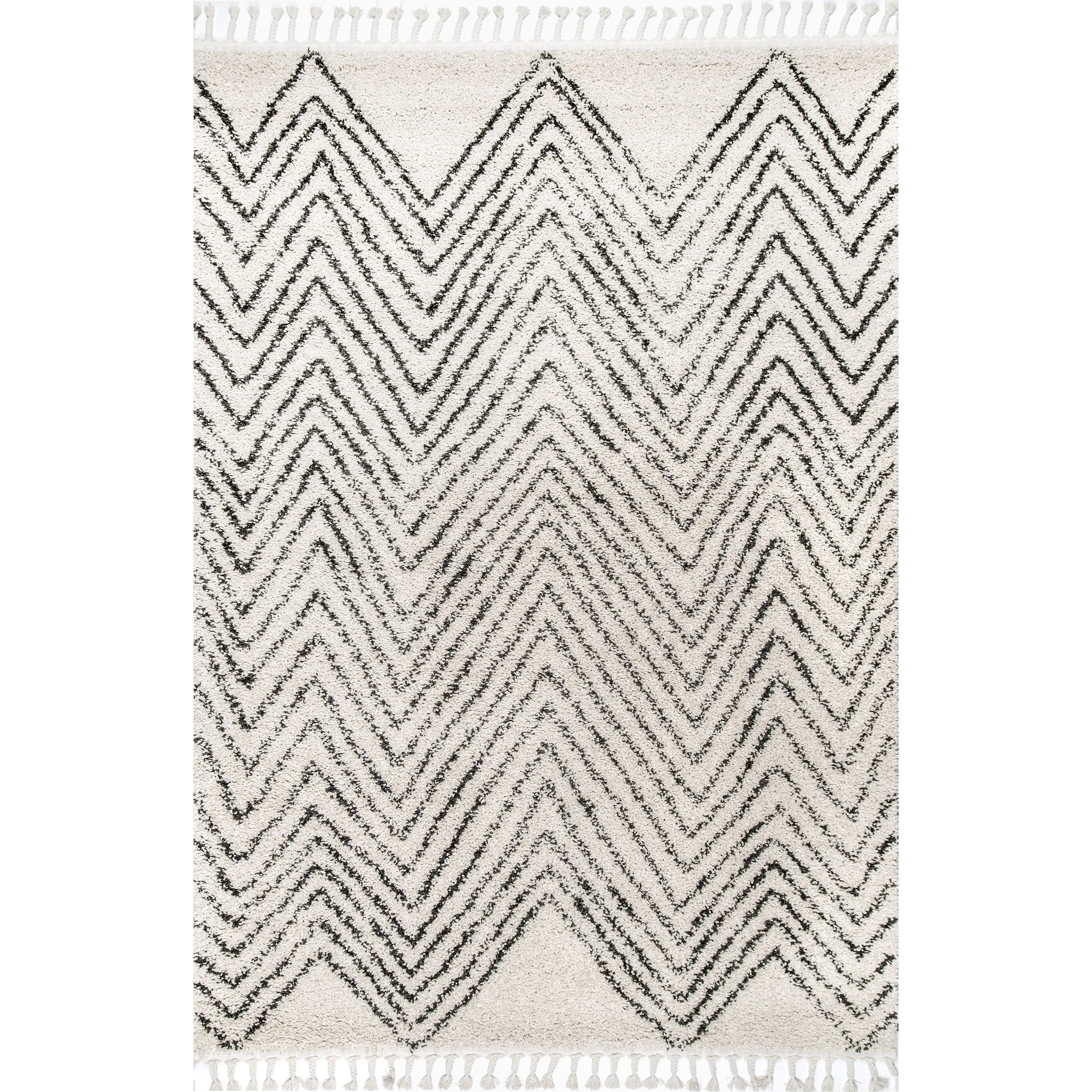 Soft Chevron Shag 4' Round Area Rug in Off-White