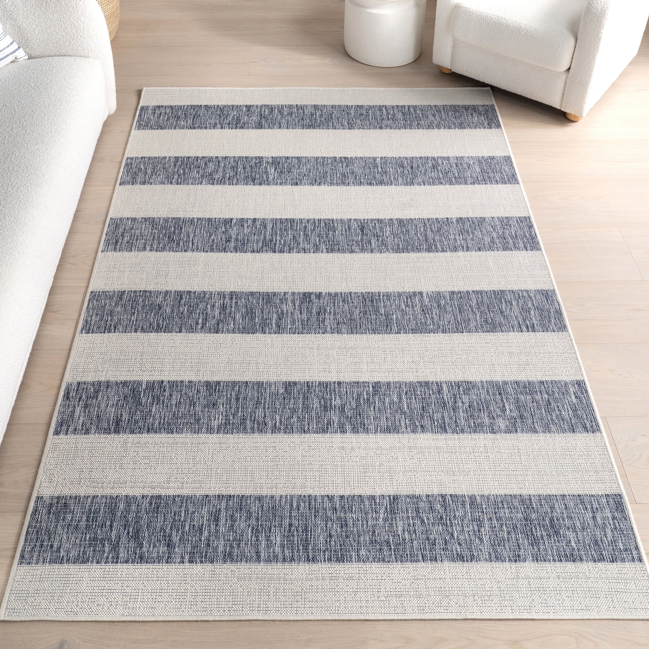 Blue and Beige Striped 4' x 6' Synthetic Outdoor Area Rug