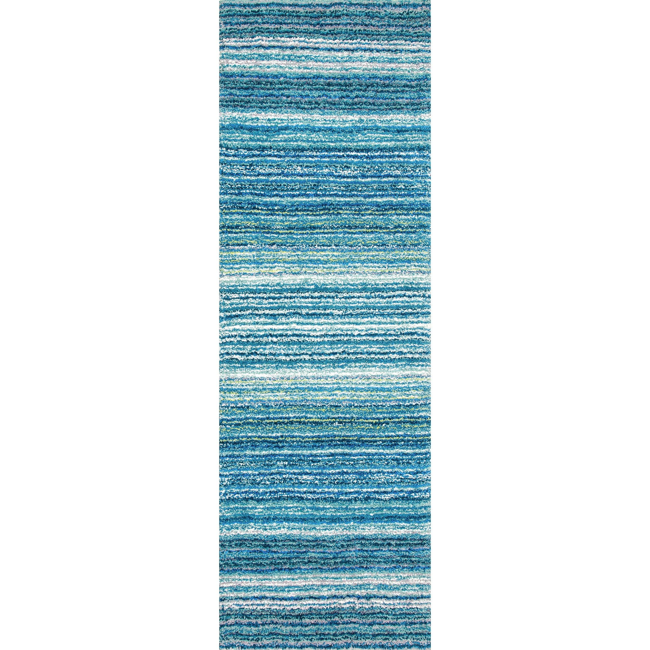 Sky Blue Striped Synthetic Tufted Shag Runner Rug