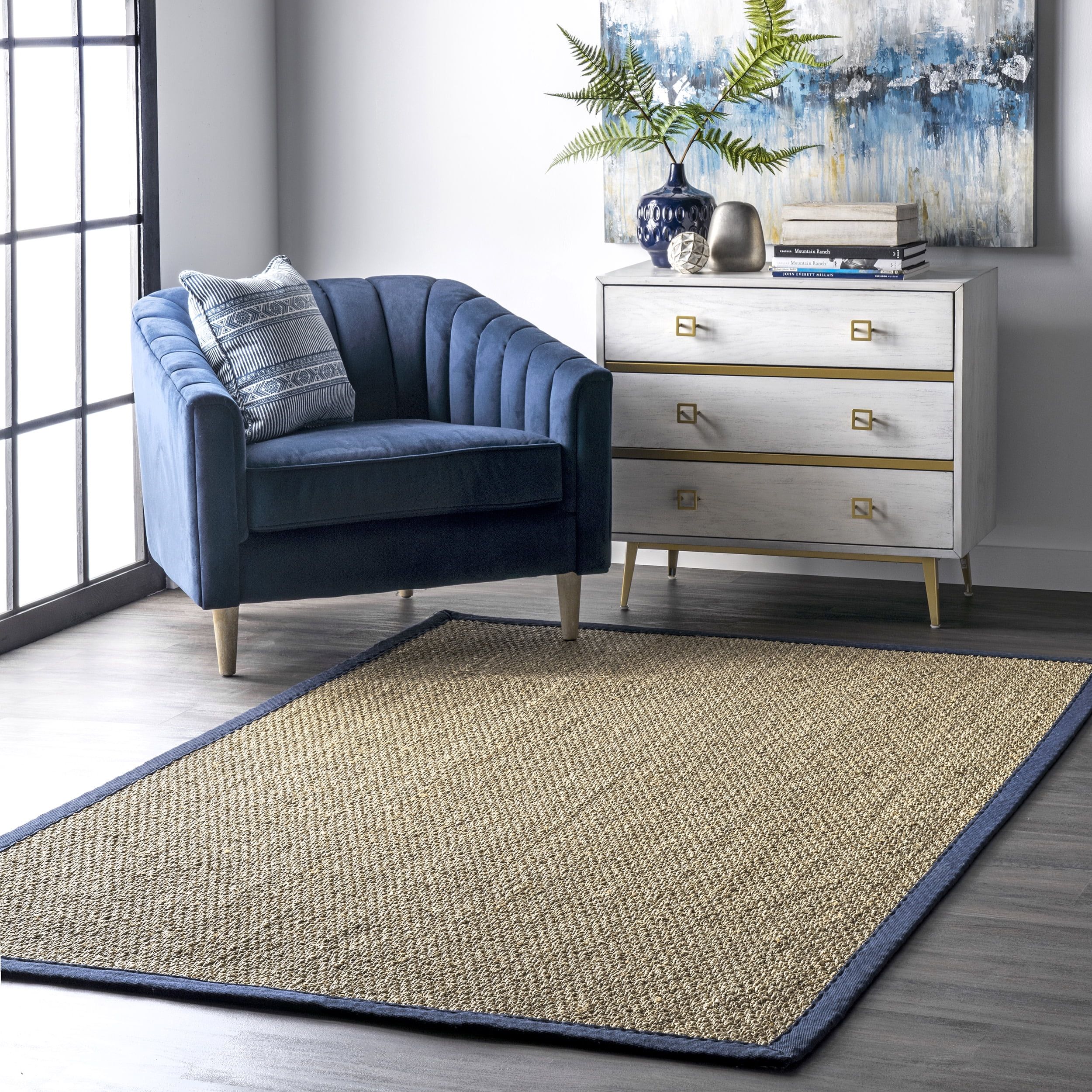 Navy Stripe Easy Care Seagrass 4' x 6' Area Rug