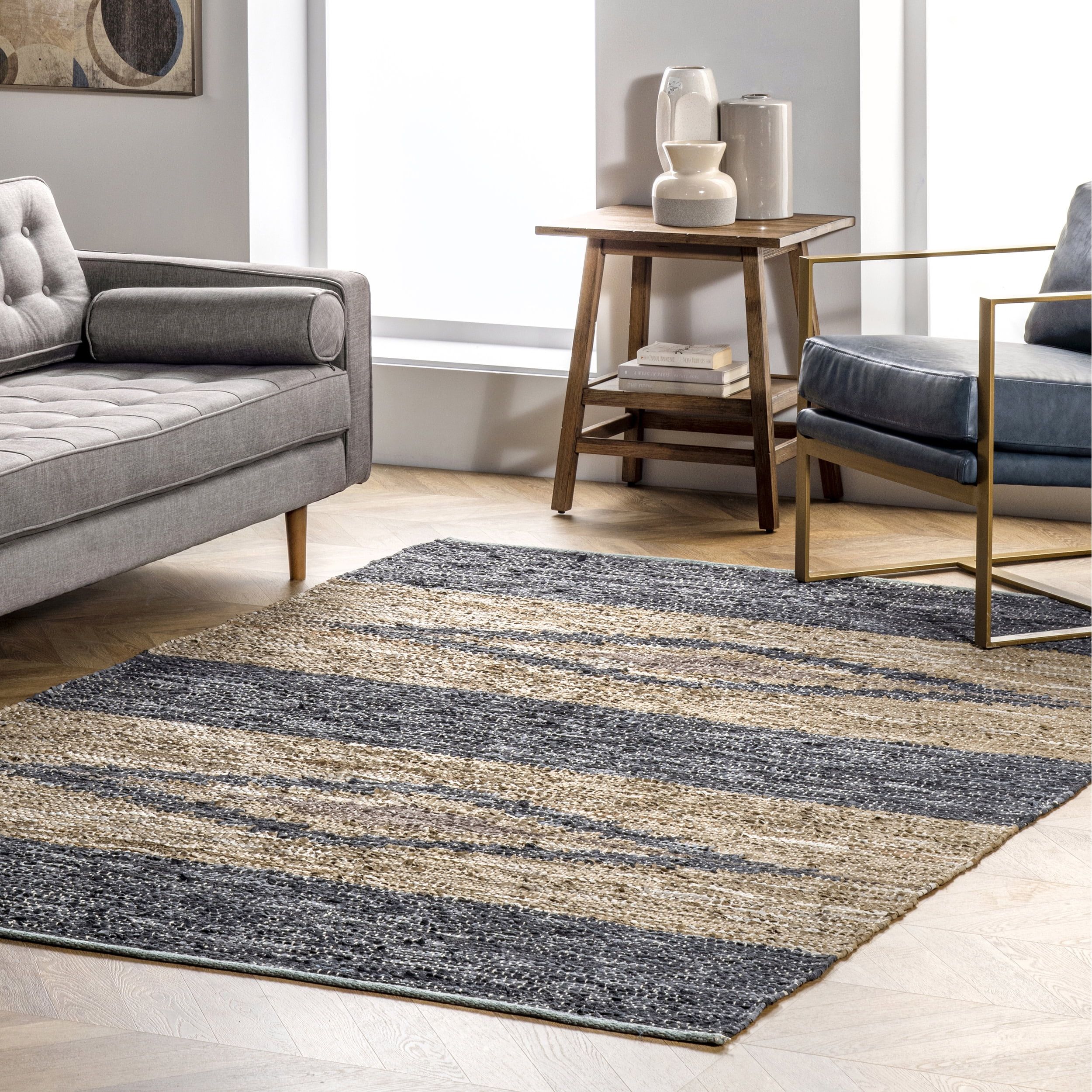 Handwoven Gray Geometric Leather & Cotton 8' x 10' Area Rug