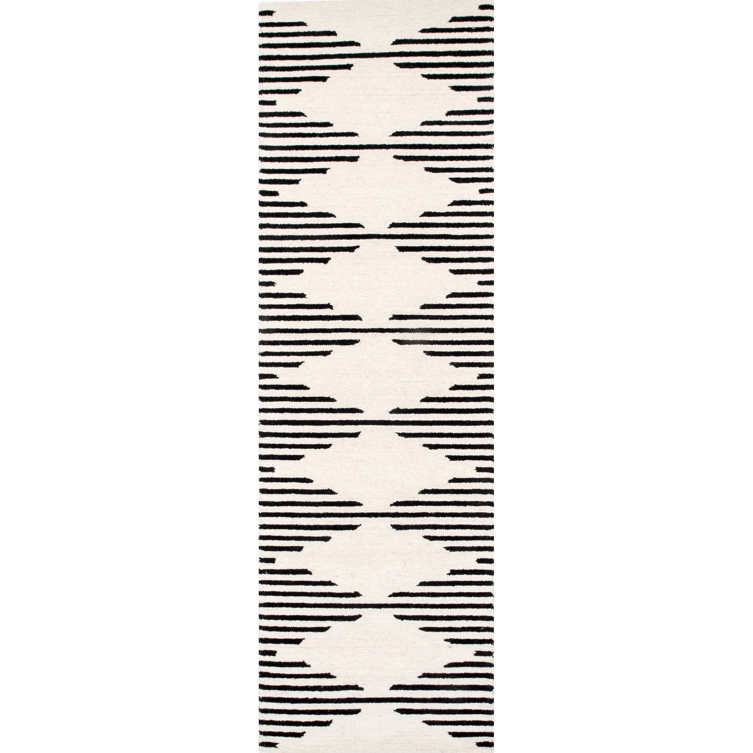 Ivory and Black Handmade Wool Runner Rug, 2' x 8'