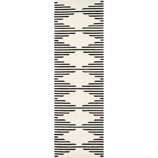 Ivory and Black Handmade Wool Runner Rug, 2' x 8'