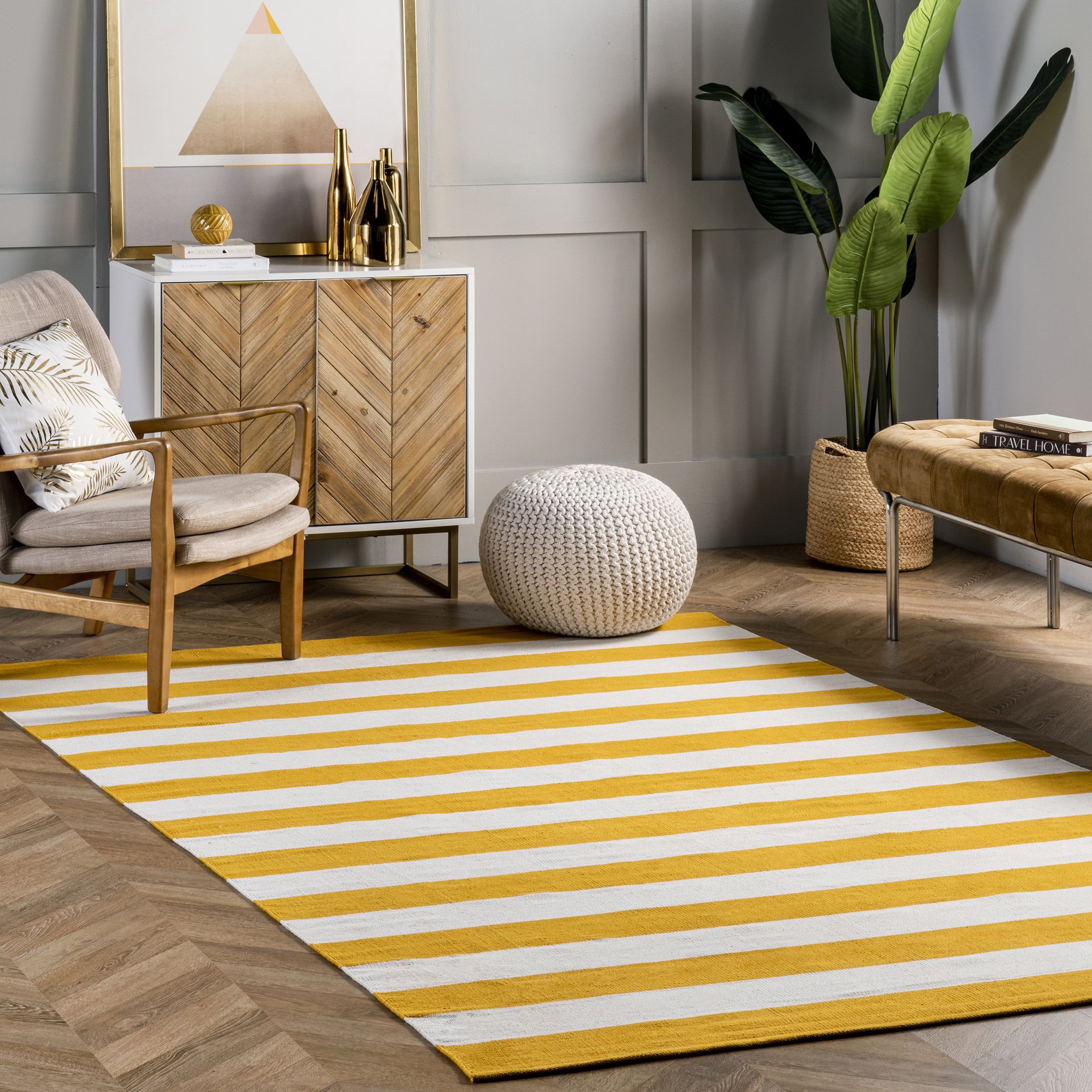 Yellow and White Cotton Striped Area Rug, 9' x 12'