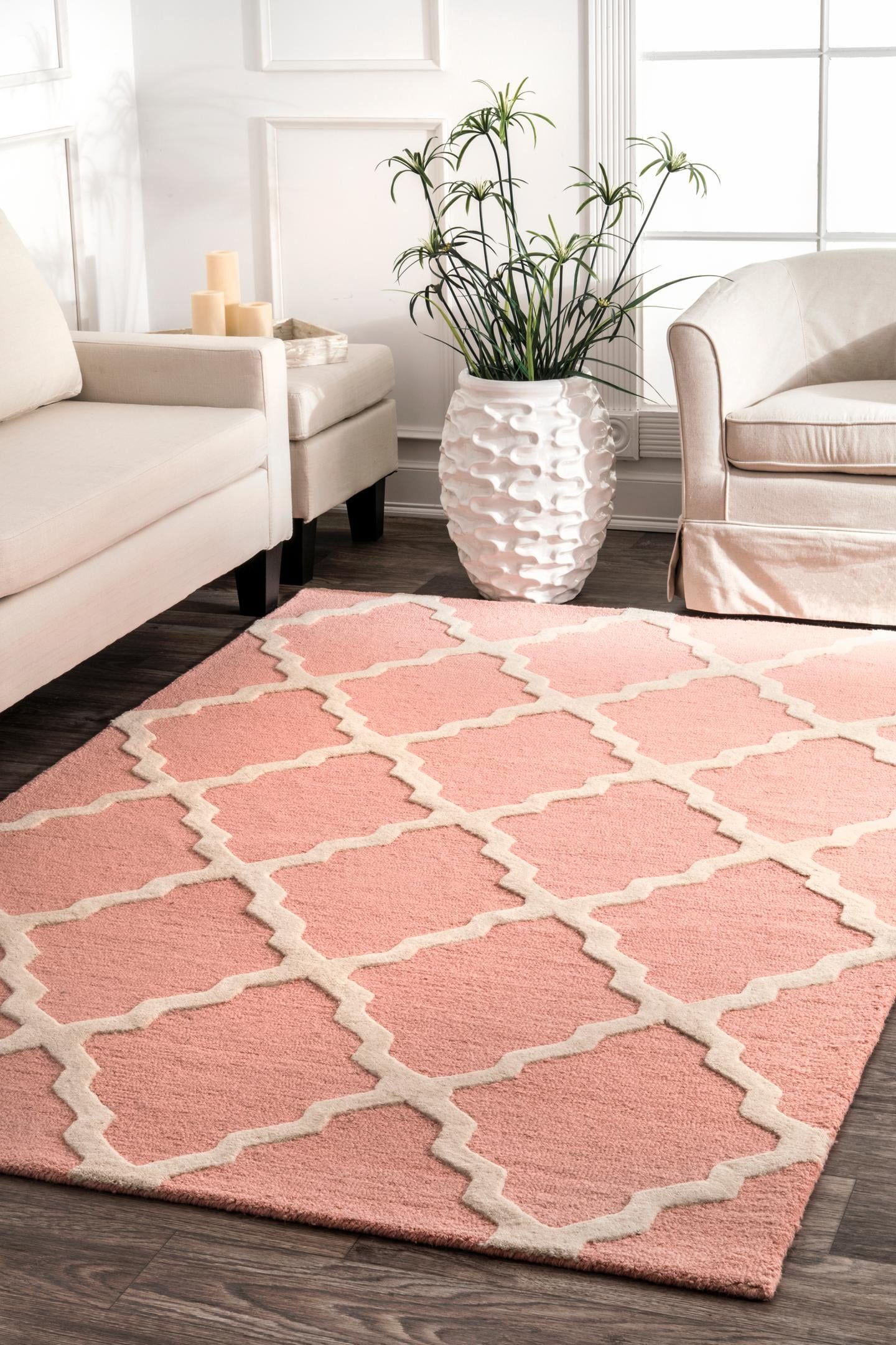 Handmade Tufted Trellis Baby Pink Wool Runner Rug