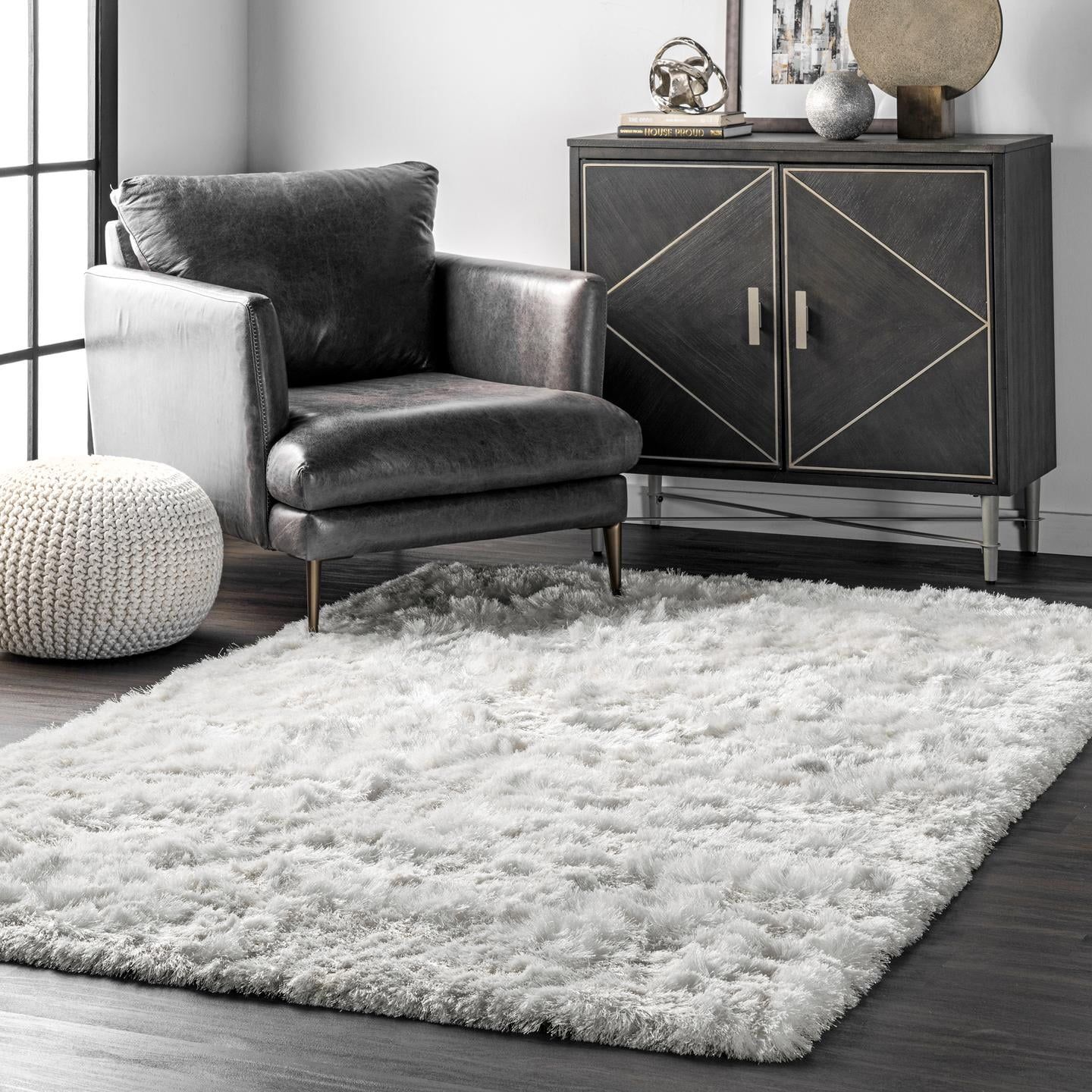 Pearl White Handmade Synthetic Shag Rectangular Rug 5'x9'