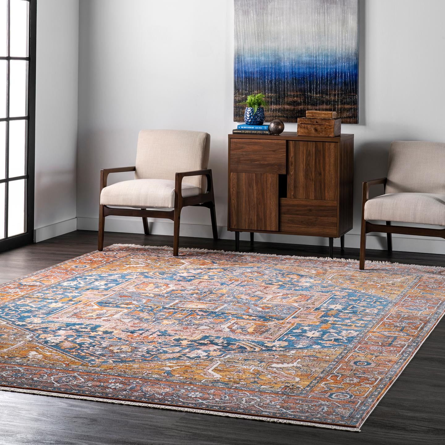 Light Blue Medallion Synthetic 4' x 6' Area Rug