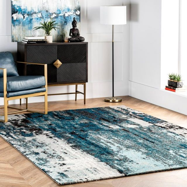 Blue and White Abstract Synthetic Rectangular Area Rug, 10' x 14'