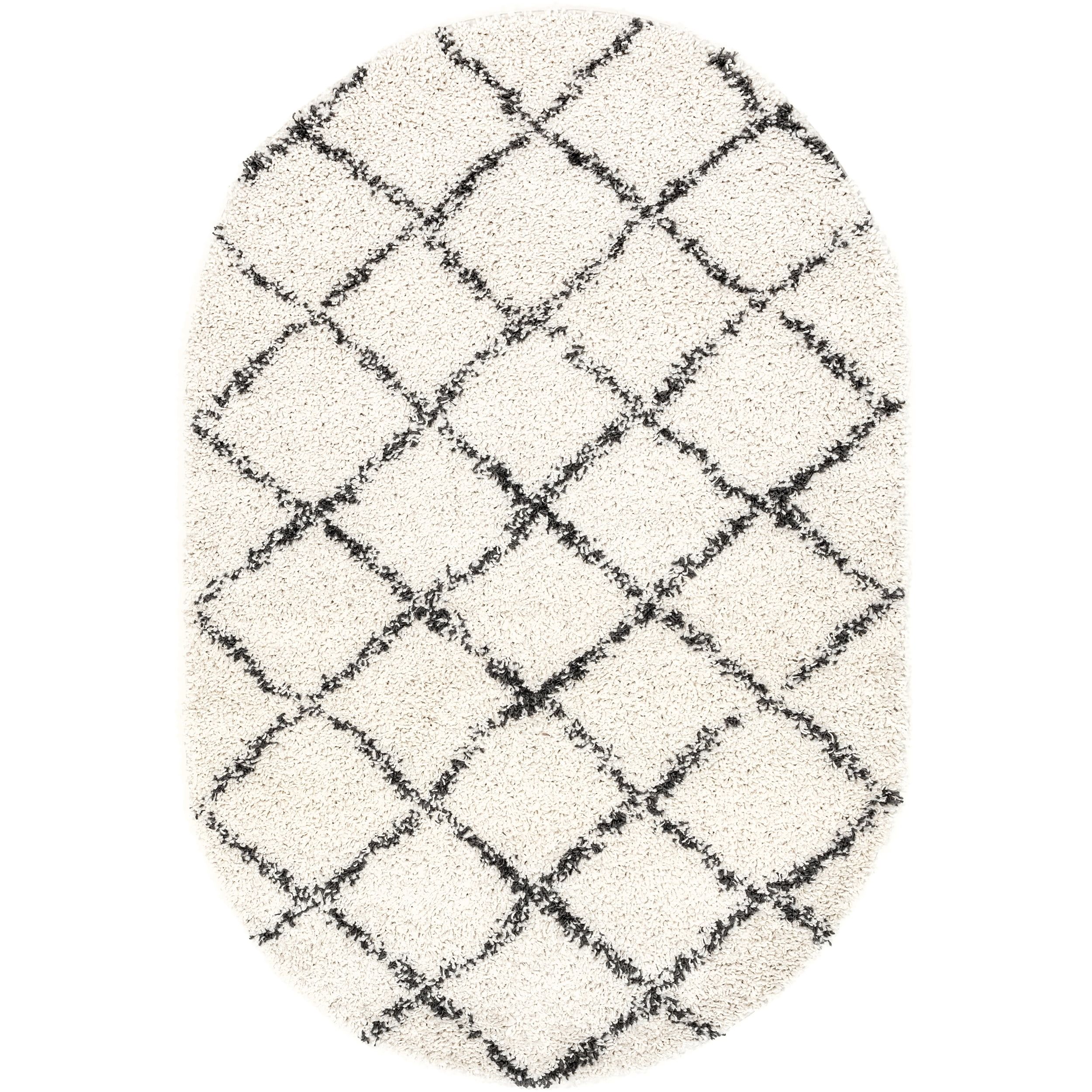 Off White Oval Synthetic Shag Area Rug 4' x 6'