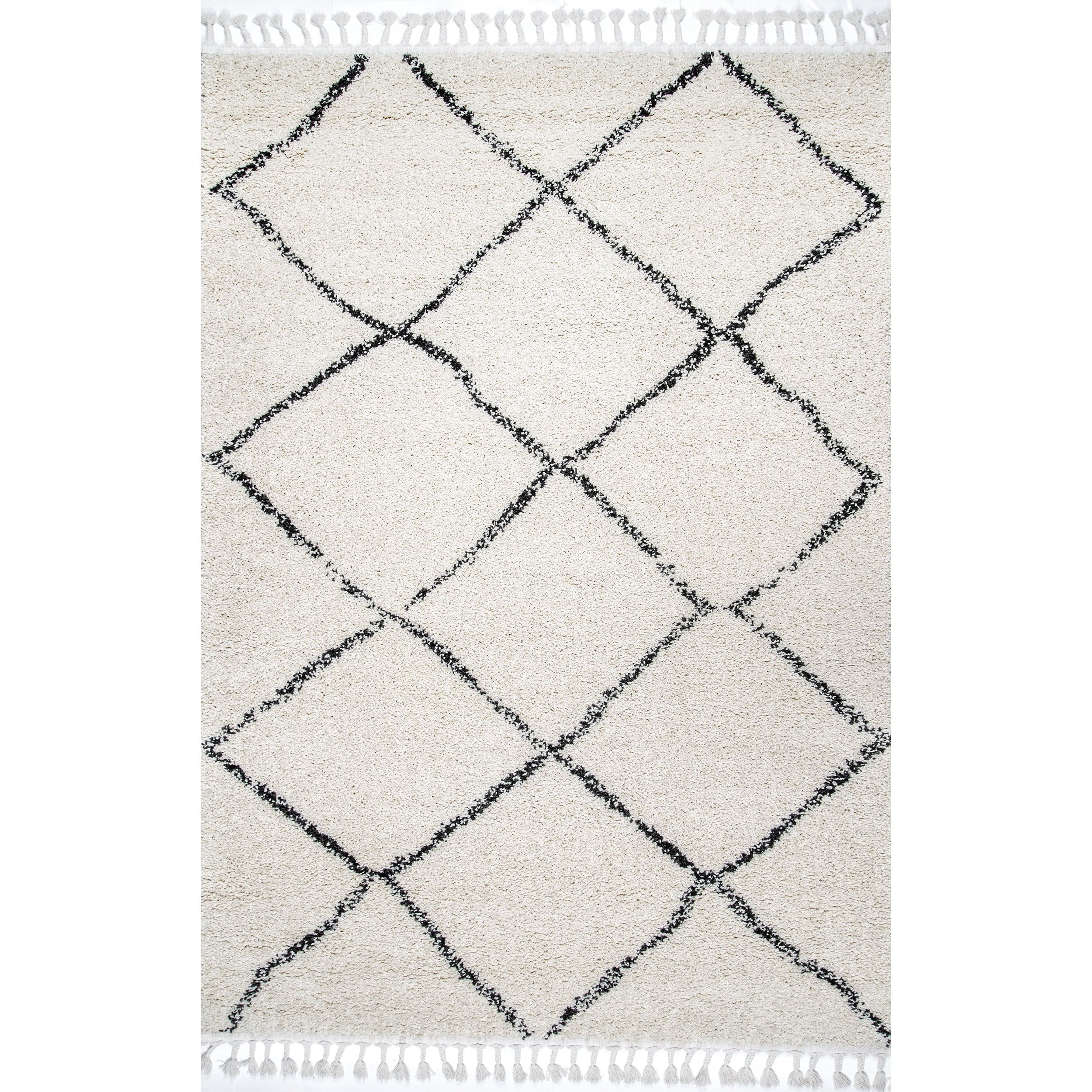 Off-White Synthetic Shag Square Area Rug, 5'