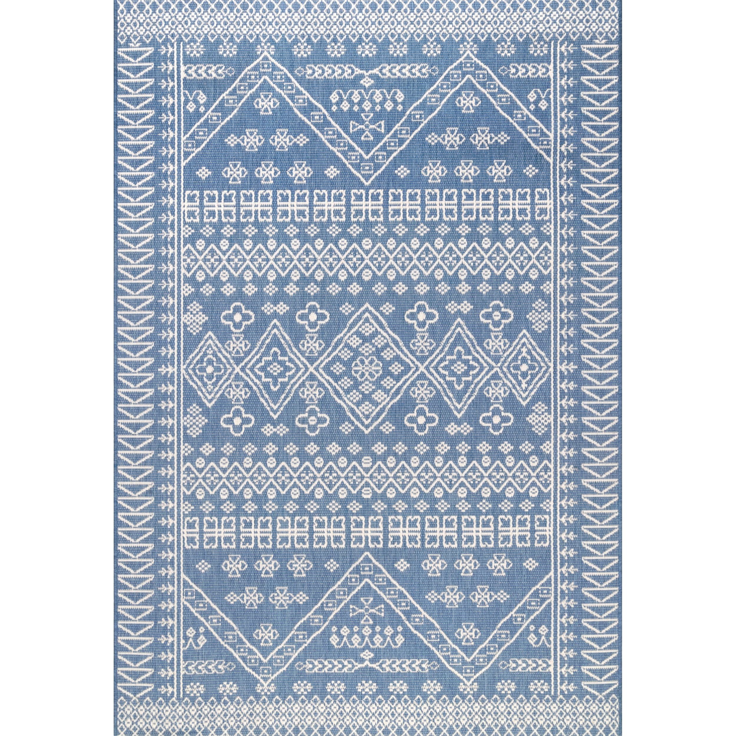 Blue and White Synthetic Tribal Rectangular Area Rug, 11' x 15'