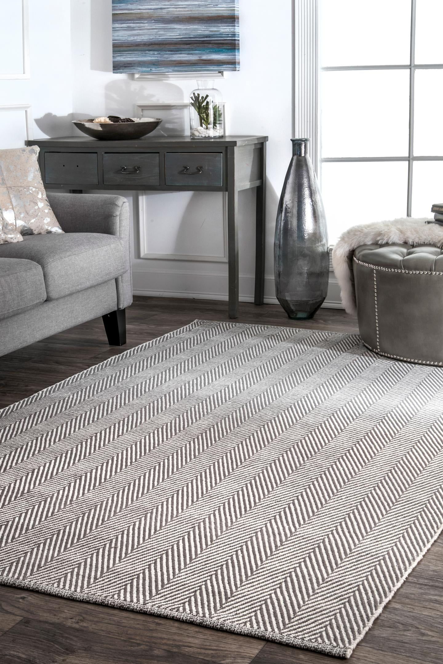 Hand-Loomed Gray Herringbone Cotton 9' x 12' Indoor Area Rug