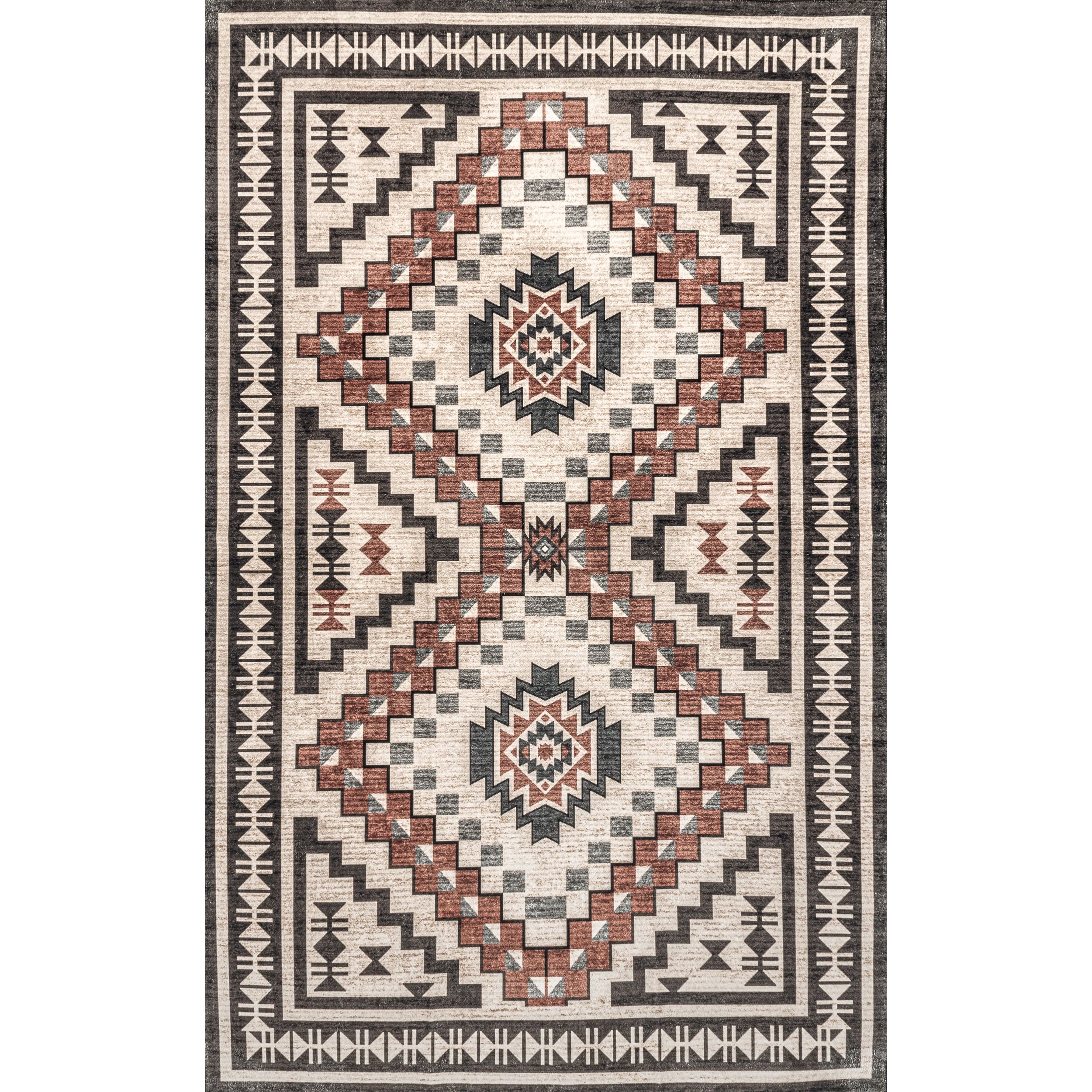 Beige Southwestern Medallion Washable Synthetic Area Rug, 4' x 6'