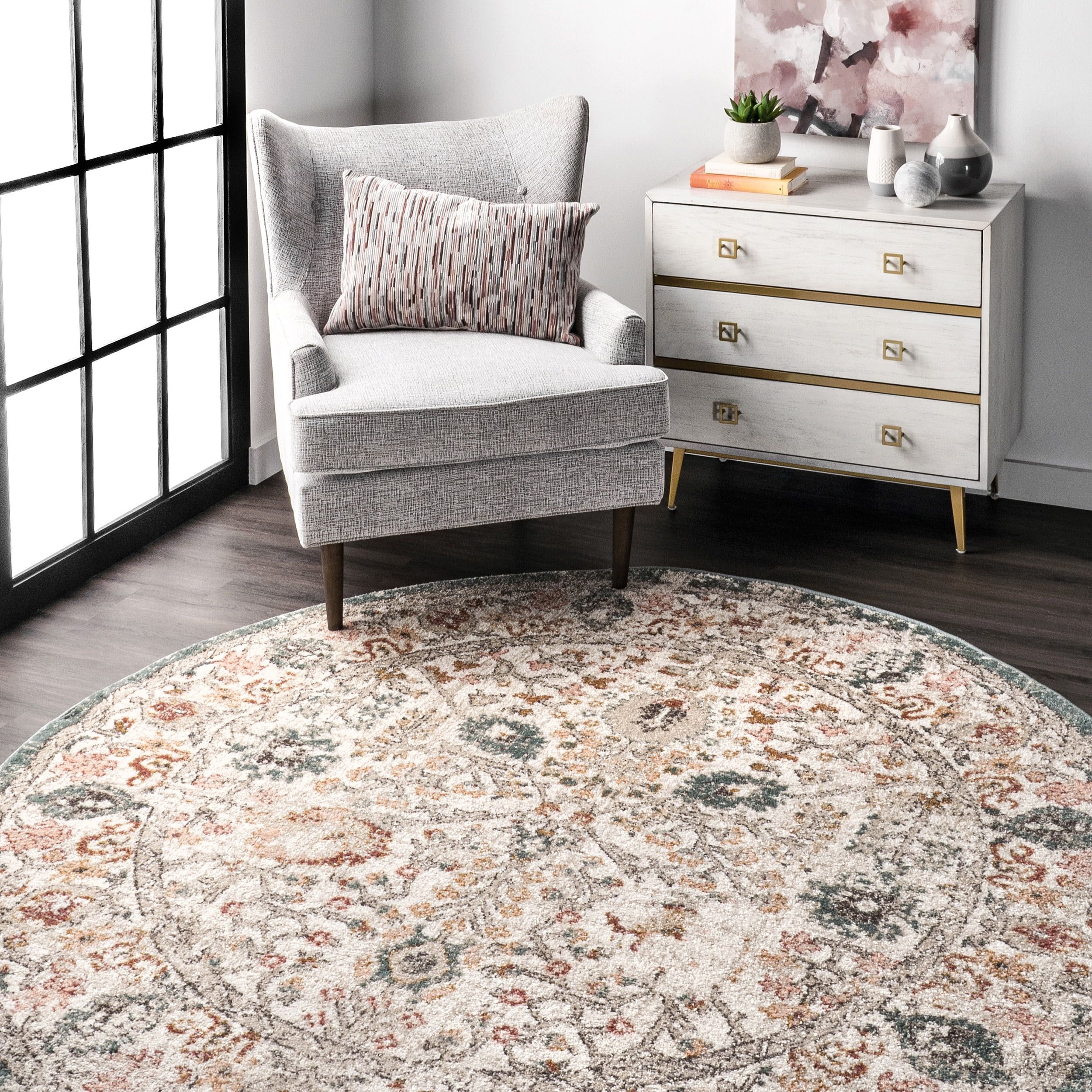 Beige Floral Synthetic Round Reversible Area Rug 6' 7"