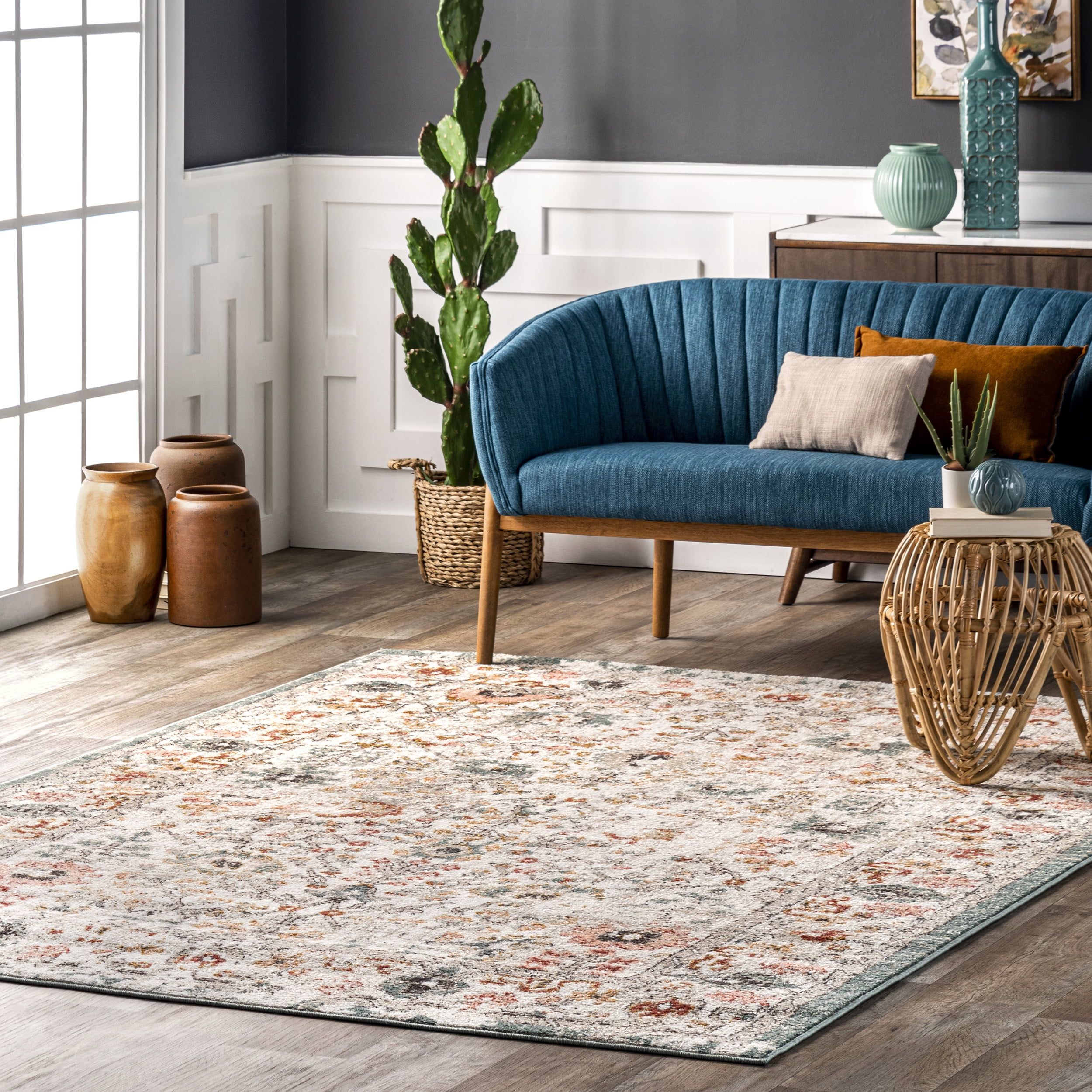 Beige Floral Synthetic 4' x 6' Transitional Area Rug