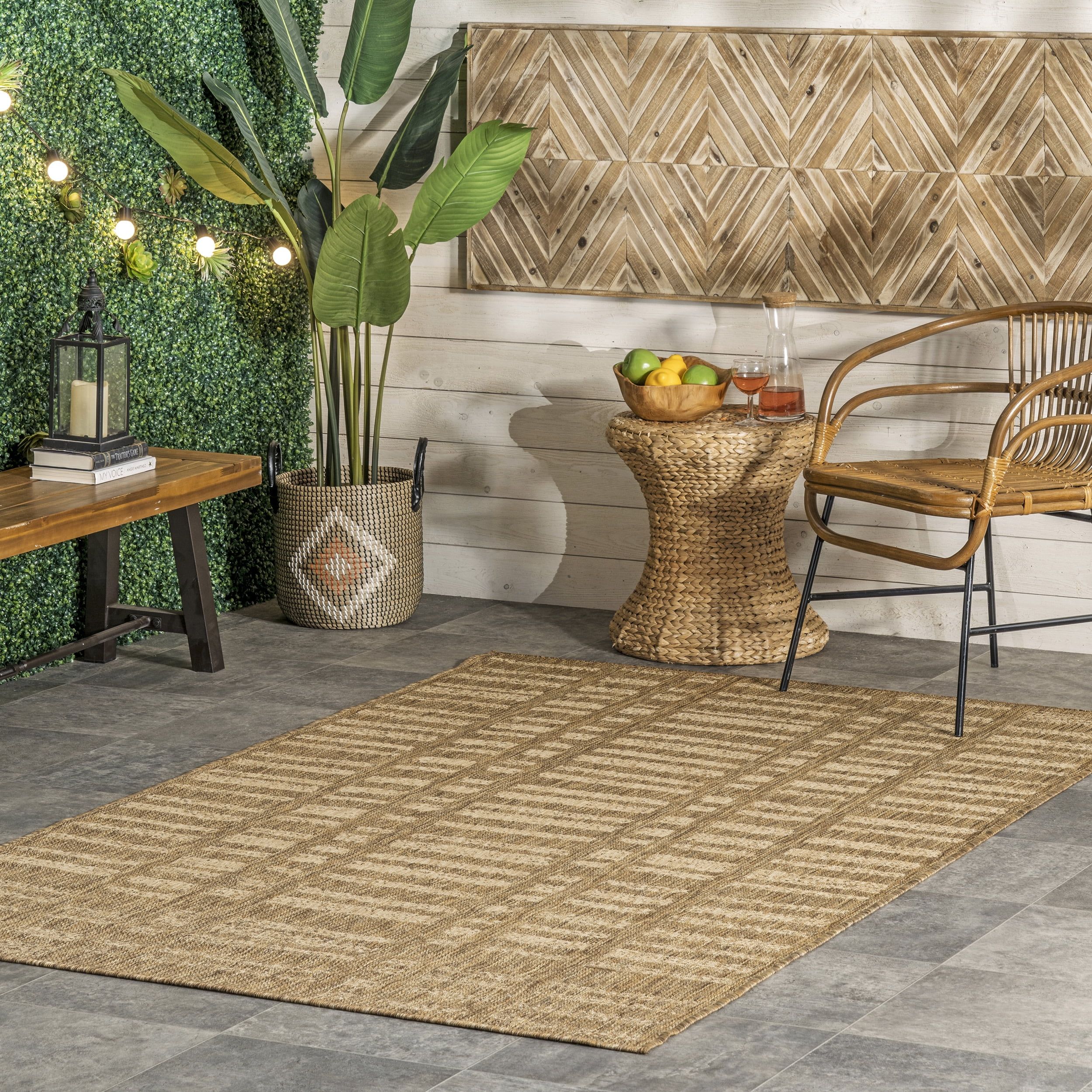 Beige Synthetic Rectangular Indoor/Outdoor Area Rug, 5' x 8'