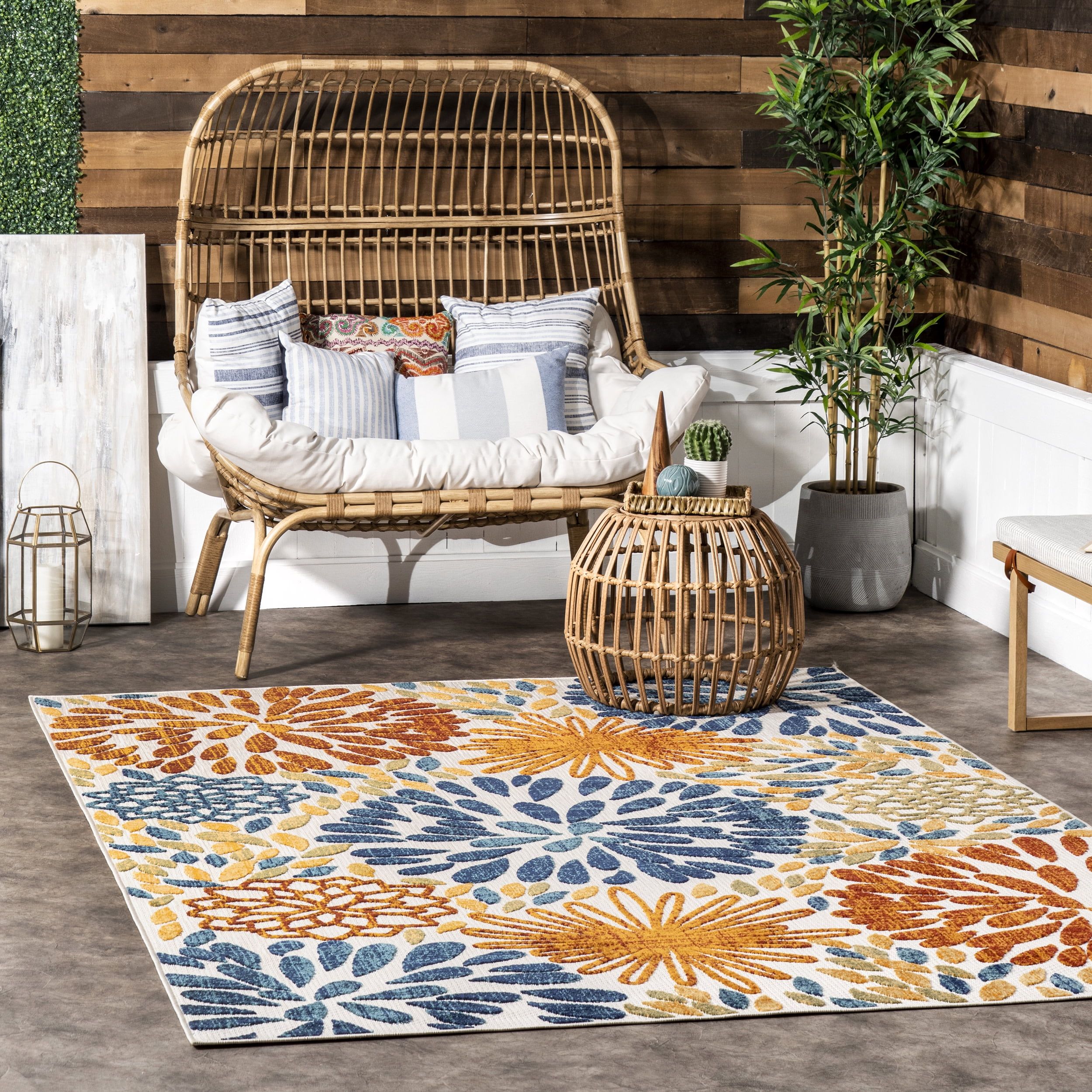 Blue and Multicolor Floral Synthetic Indoor/Outdoor Area Rug, 12' x 15'