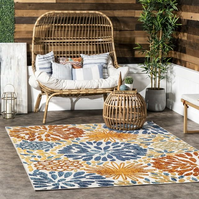 Blue and Multicolor Floral Synthetic Indoor/Outdoor Area Rug, 12' x 15'