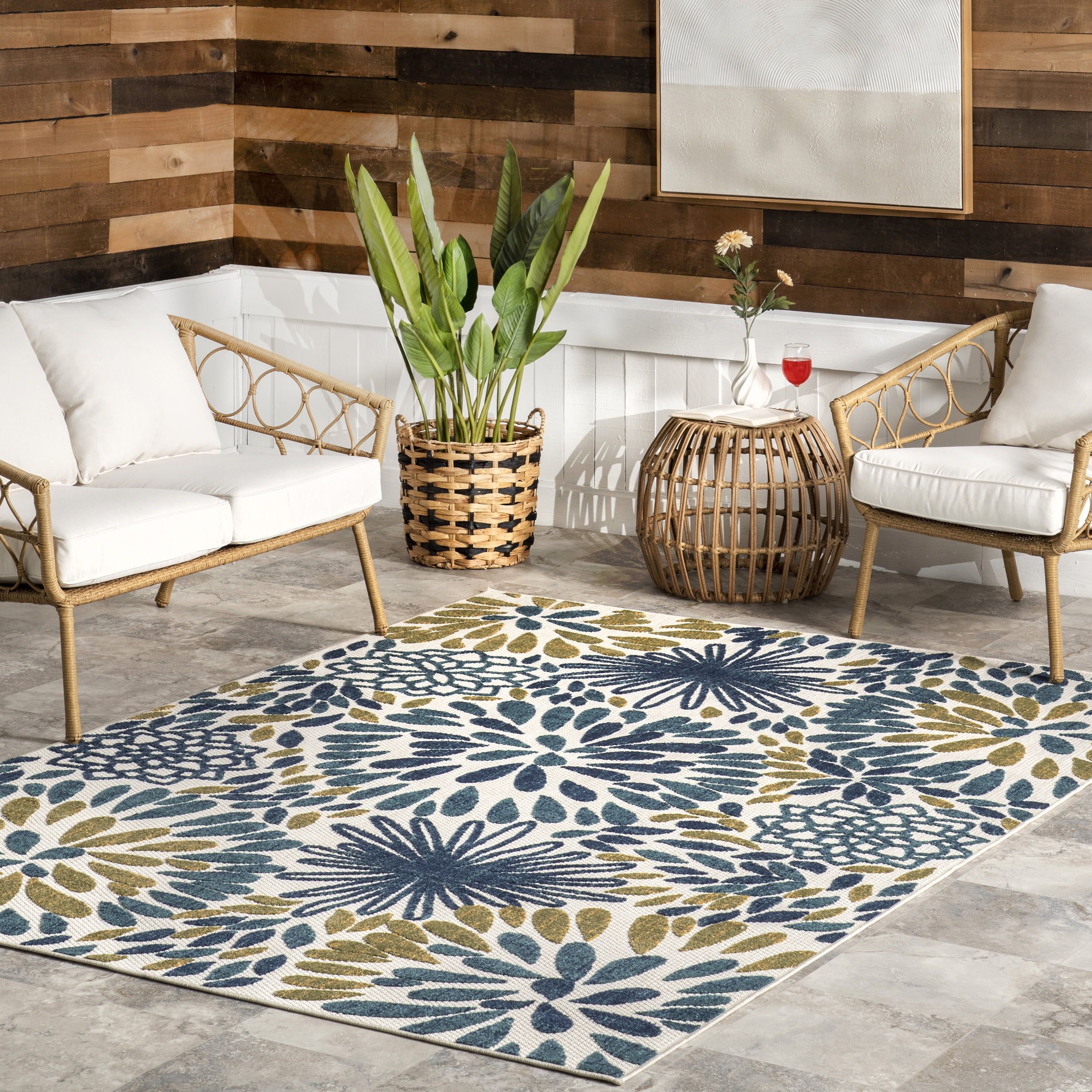 Teal and Olive Green Floral Synthetic 8' x 10' Area Rug