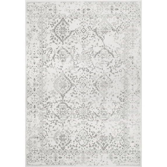 Odell Vintage Ivory Distressed Floral Rectangular Rug, 6'7" x 9'