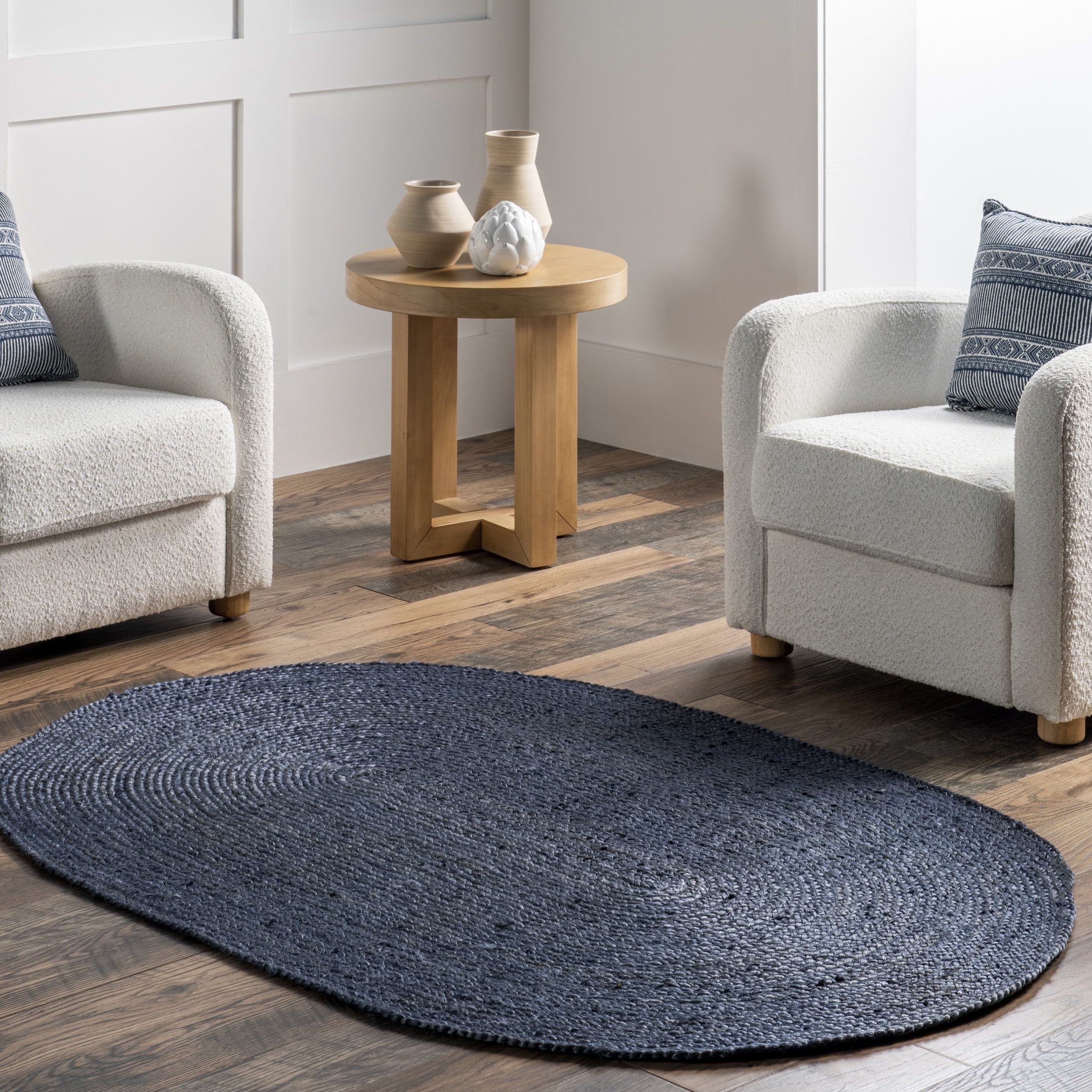 Handmade Braided Navy Jute Oval Rug 4' x 6' - Reversible and Eco-Friendly