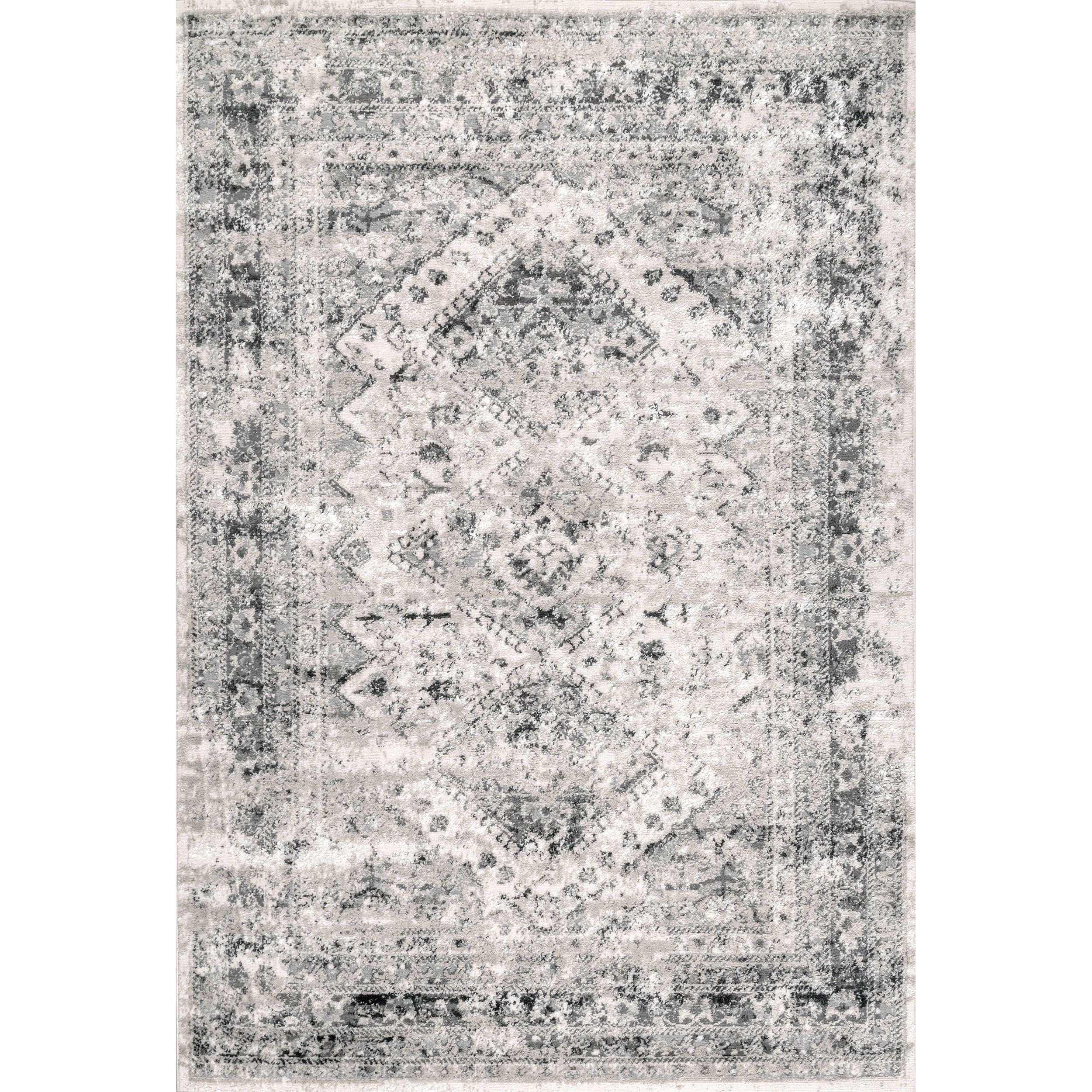 Silver Vintage Medallion Reversible Synthetic Area Rug, 5' Square