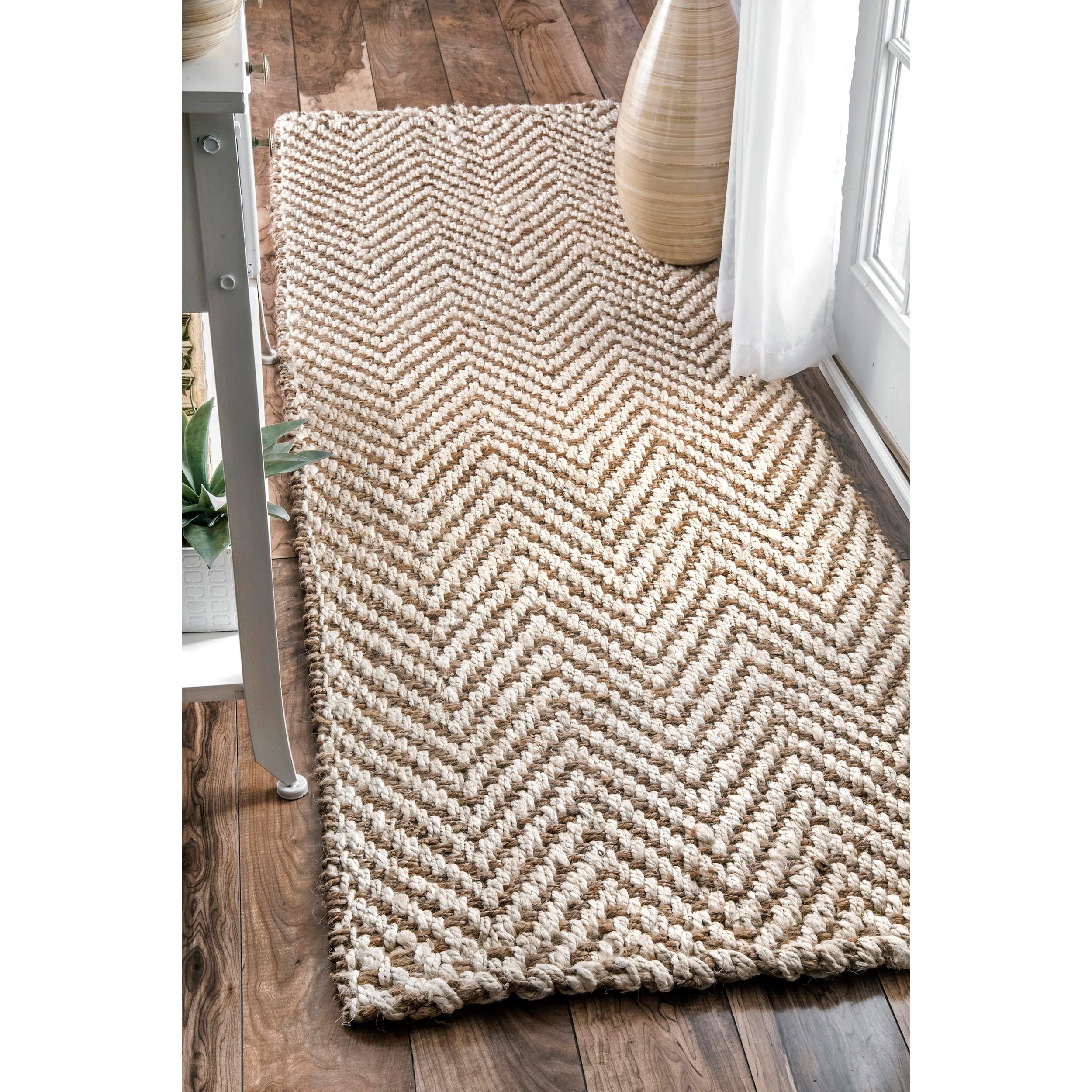 Off-White and Beige Handmade Chevron Jute Runner Rug, 2' 6" x 6'