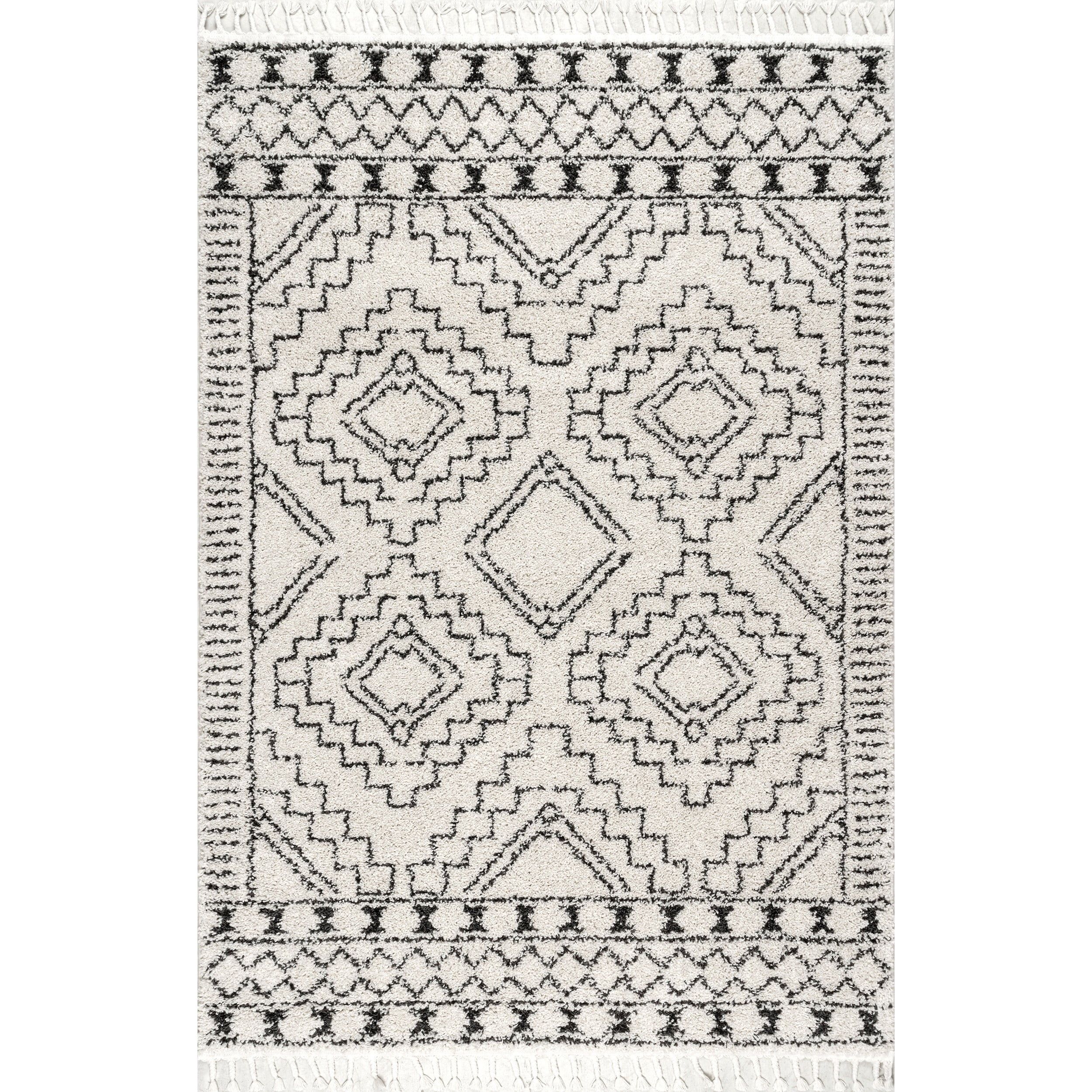 Cozy Off-White Braided Geometric 3' x 5' Synthetic Shag Rug