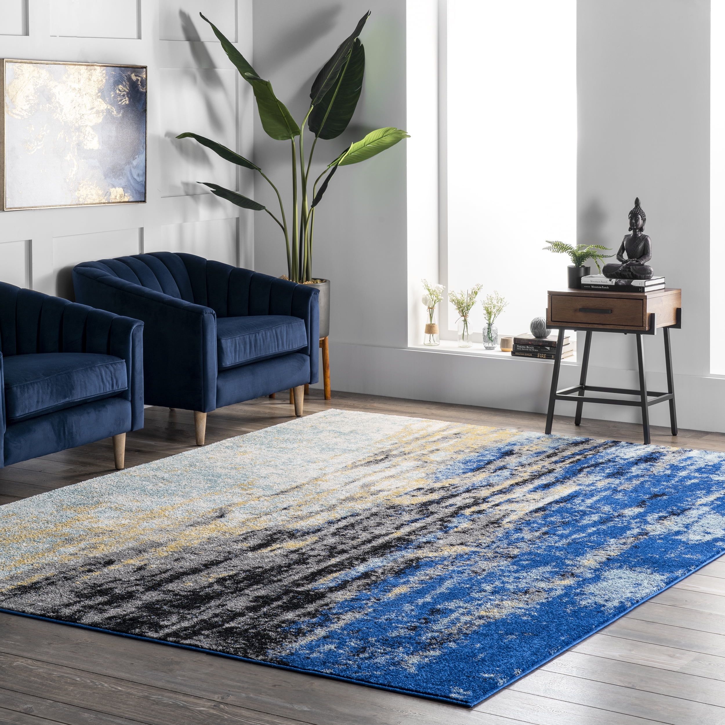 Katharina Modern Abstract Blue and Cream 5' x 8' Area Rug