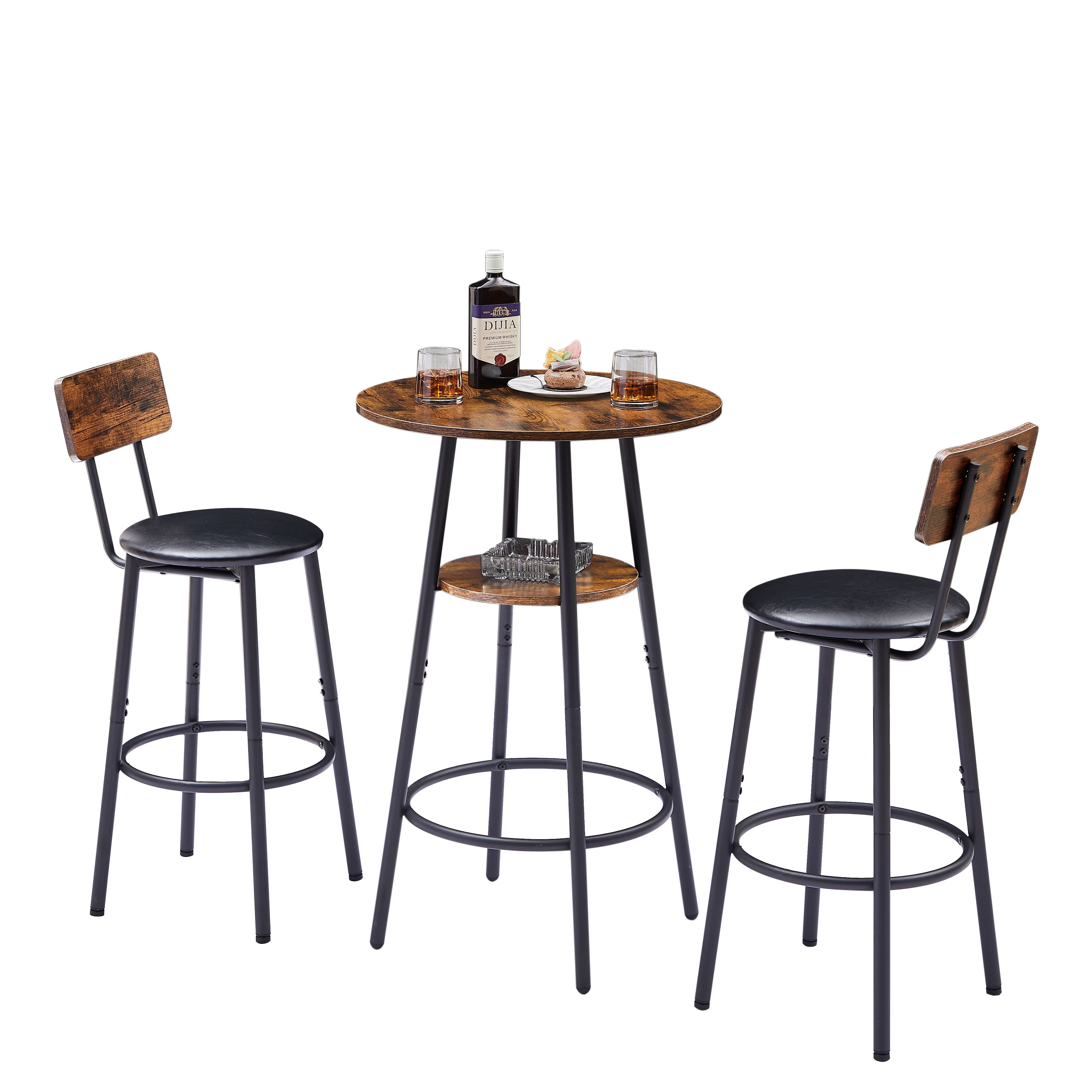 Rustic Brown 3-Piece Industrial Pub Table Set with Wooden Seats